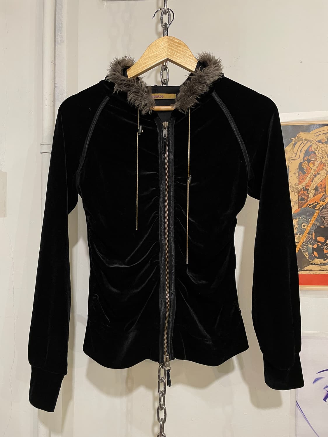 골드 체인 스트랩 벨벳 퍼 블랙 후드집업 y2k 펑크 갸루 상품이미지2