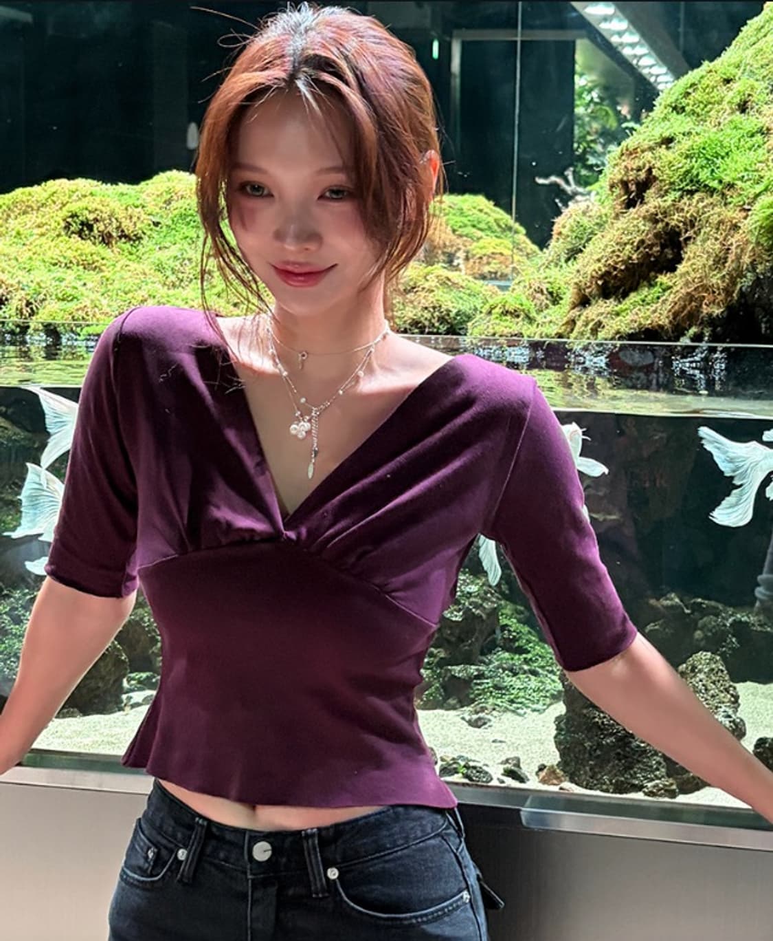 아이보렛 셔링브이넥 티 버건디 lvolette  상품이미지5