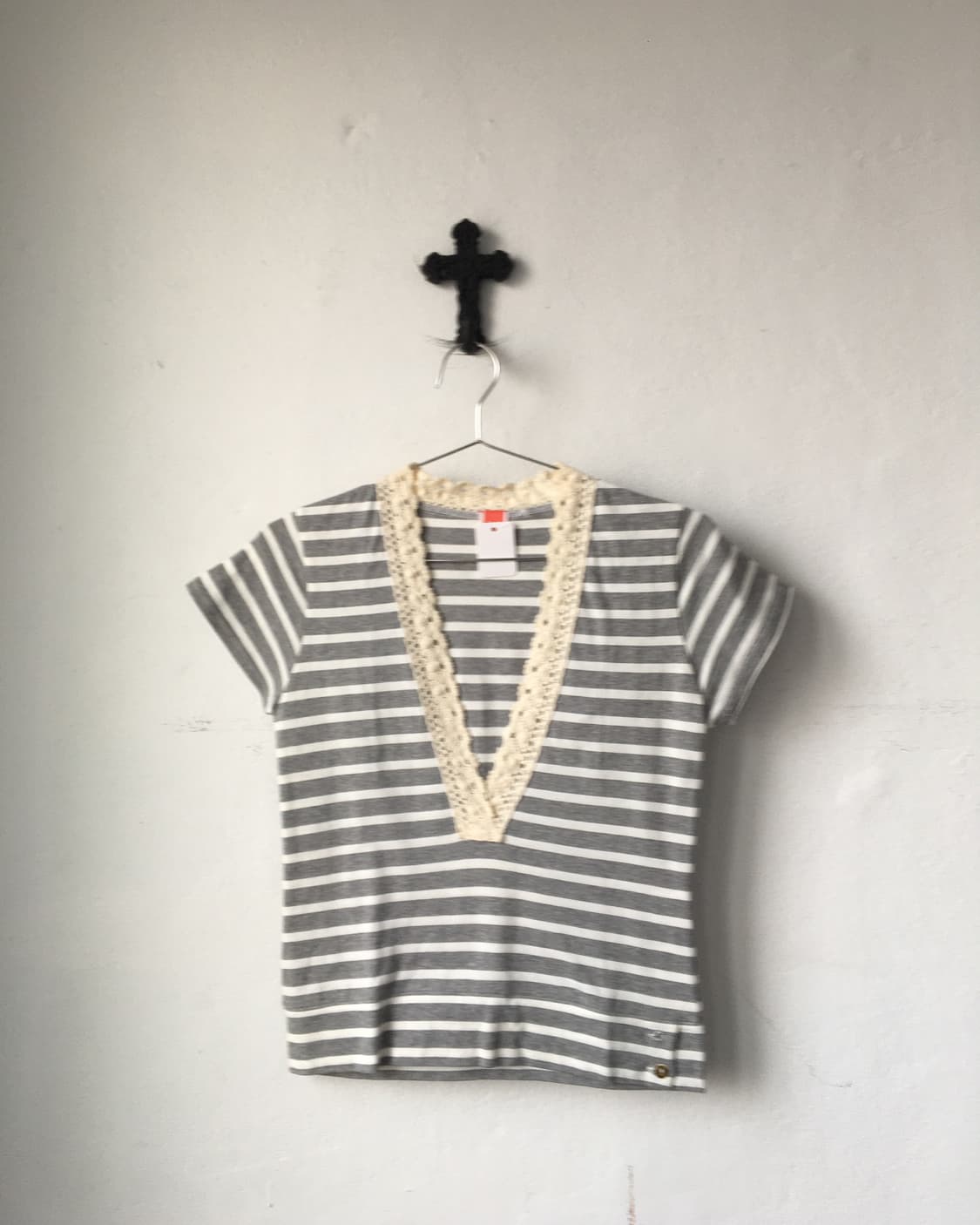 Crochet trimming stirpe pattern t shirt 상품이미지2