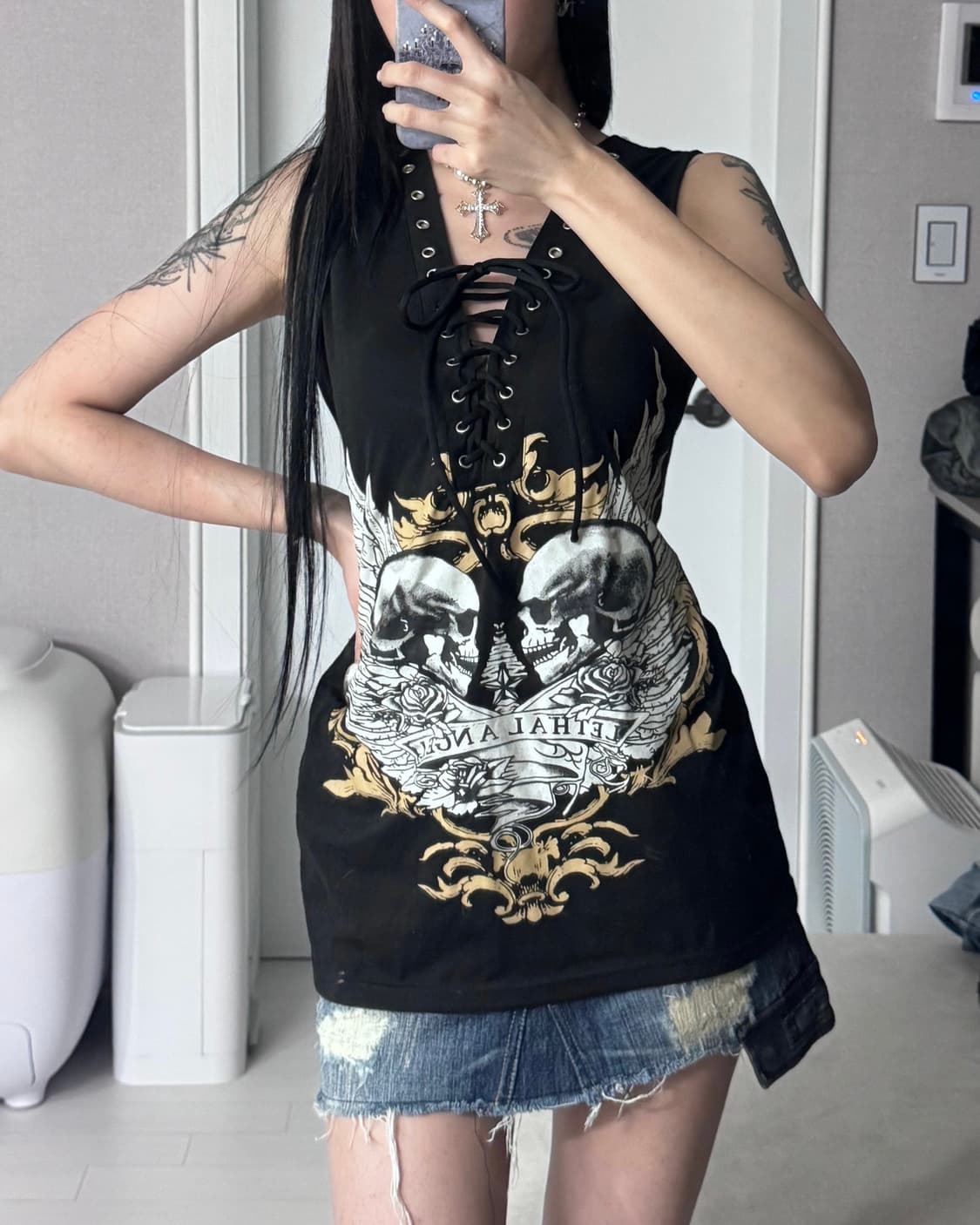 ༒ Skull print eyelet sleeveless 상품이미지1