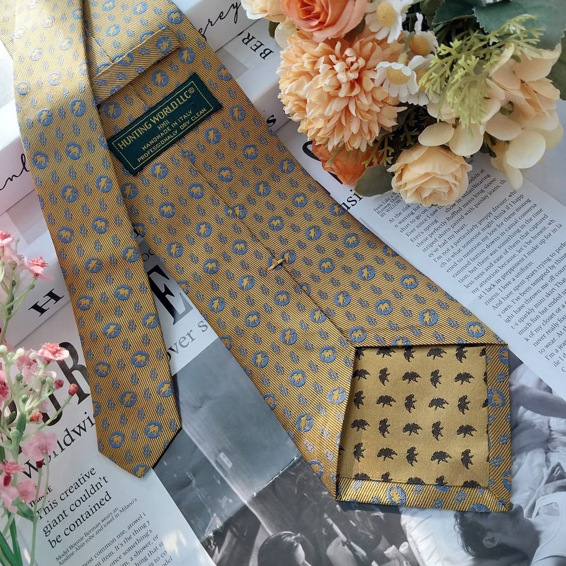 헌팅월드 실크 골드 코끼리 패턴 넥타이 9.9cm A+~A등급 K1449 상품이미지4