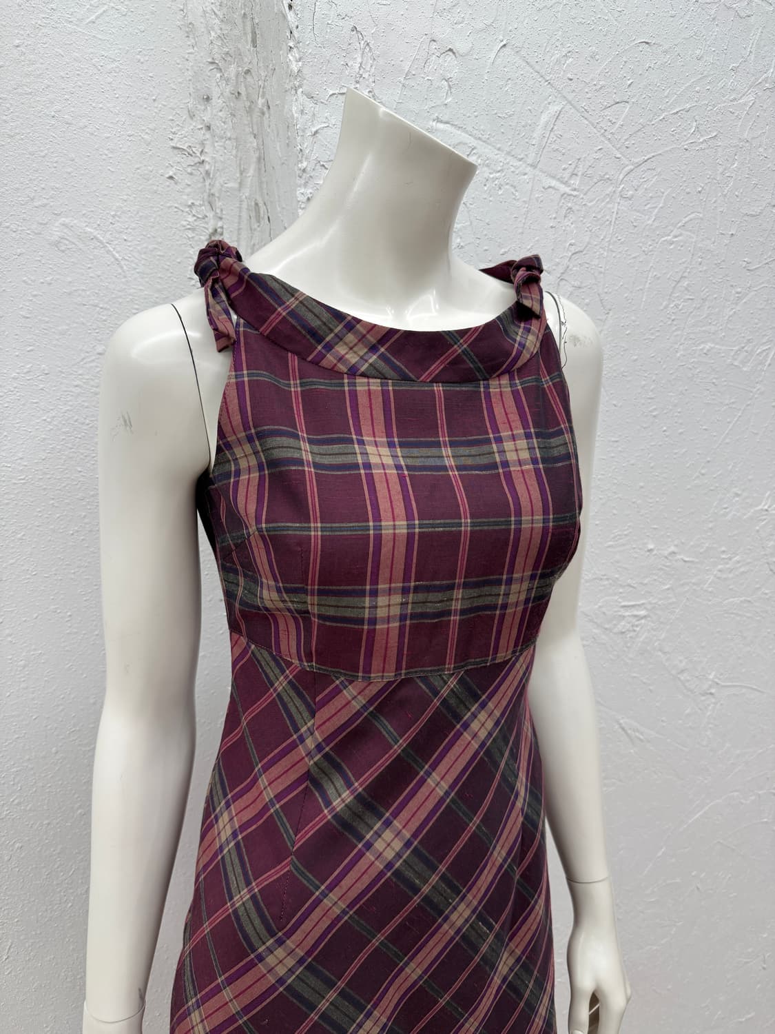 빈티지 핑크 체크 리본 미디 원피스 상품이미지3