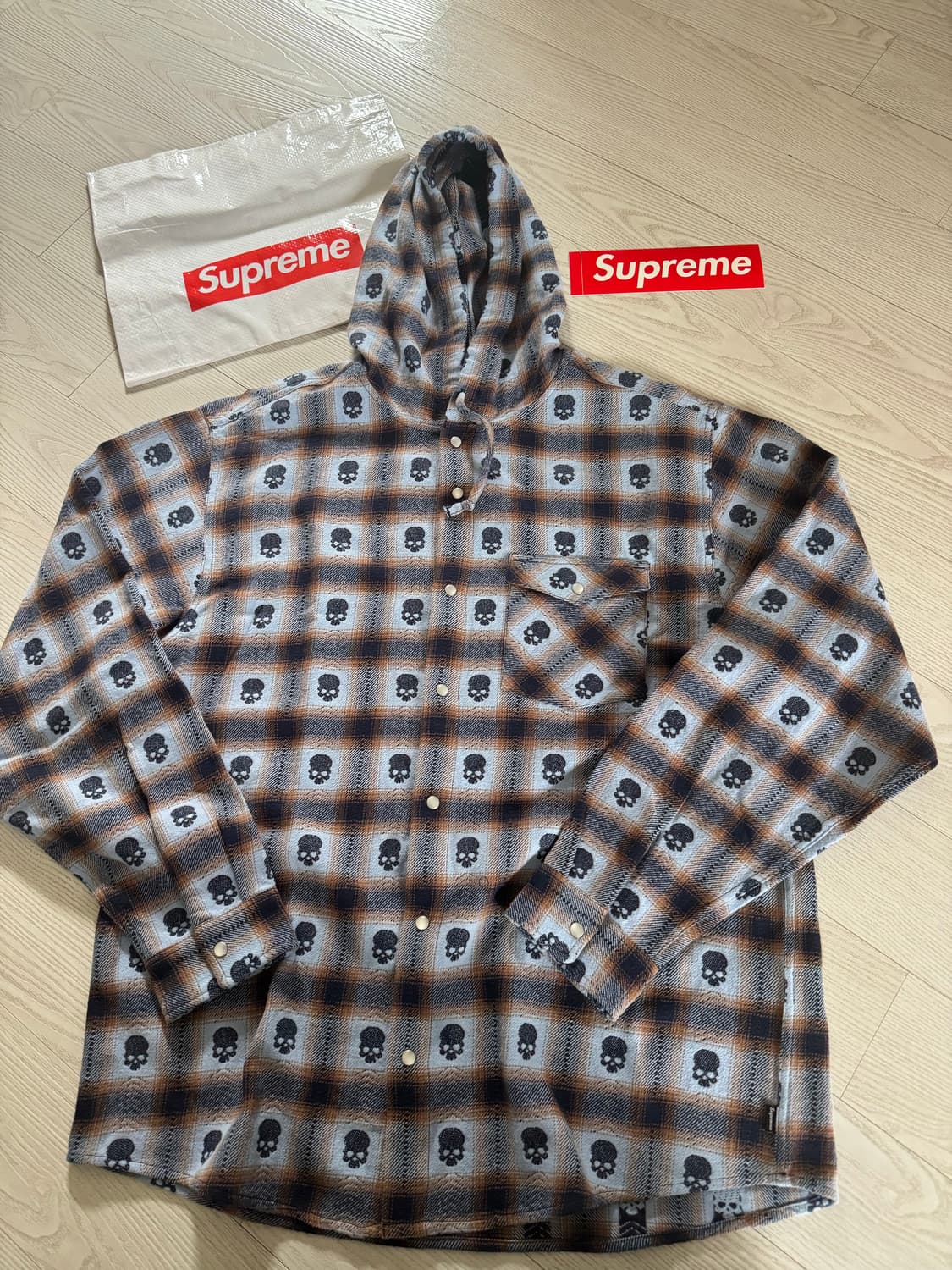 슈프림 넘버나인 후드 플란넬셔츠 블루 XL 새상품 상품이미지1