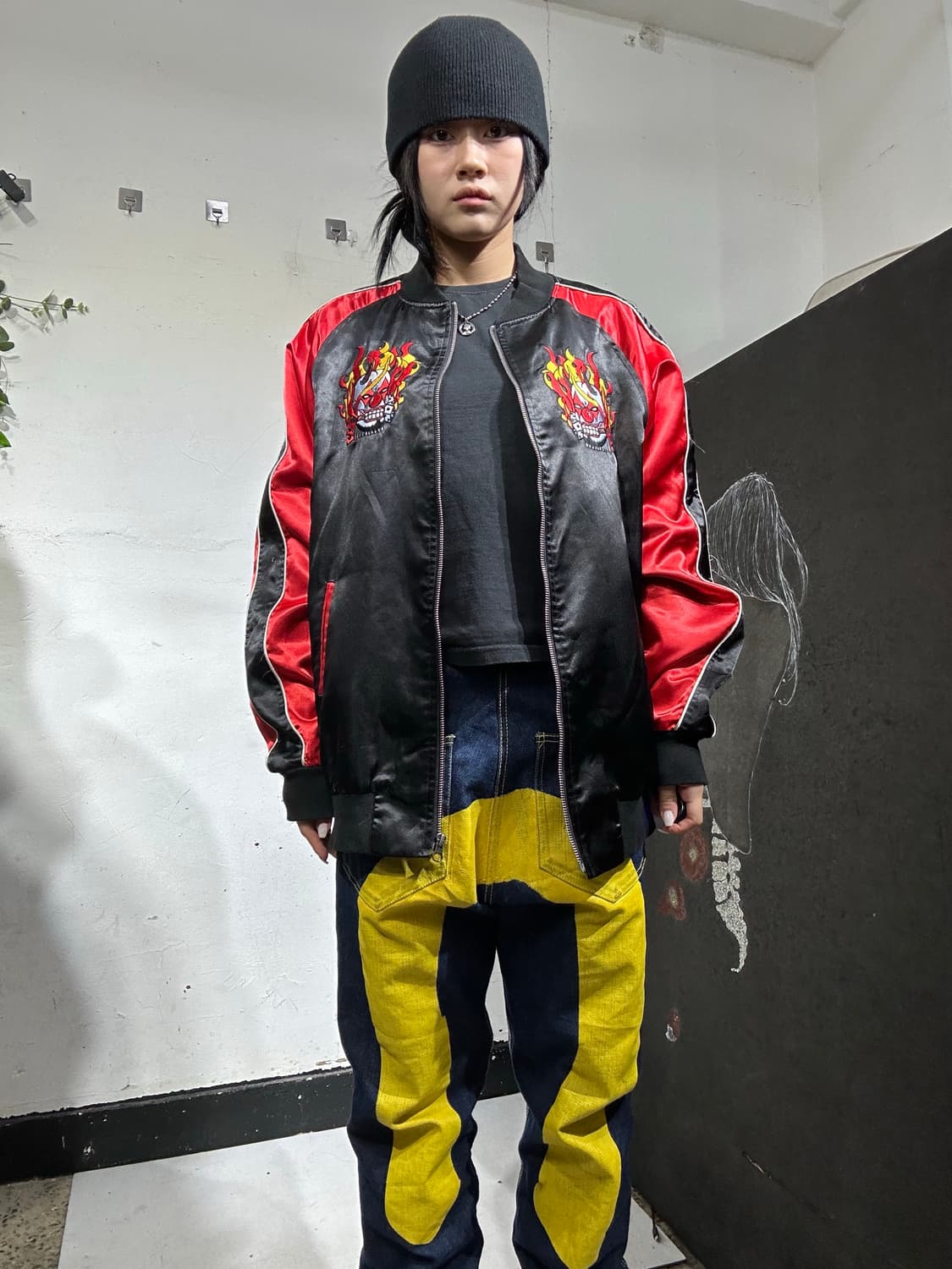 일본빈티지 Weksnoop 블랙 악마 불 자수 스카잔  L 상품이미지2