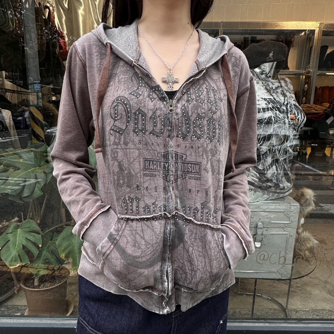 2000s 할리데이비슨 브라운 그래픽 후드 집업 상품이미지6