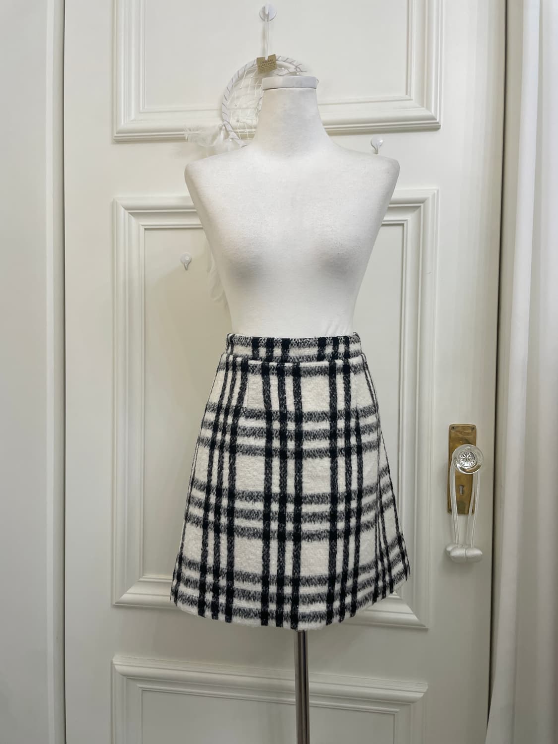ivory black check wool midi skirt 상품이미지1