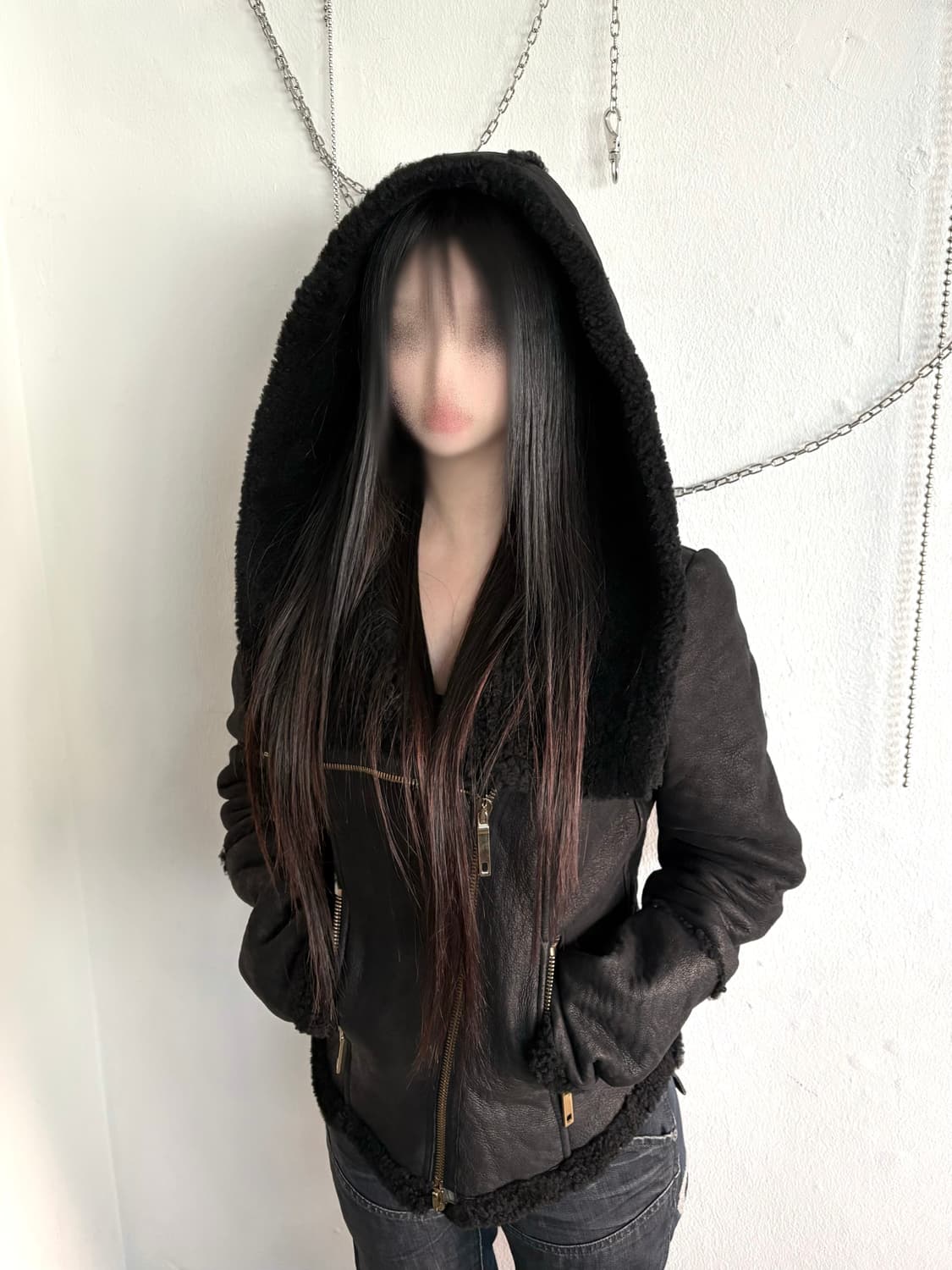 tenax italy 사선지퍼 후드 하이넥 드레이프 무스탕 상품이미지3