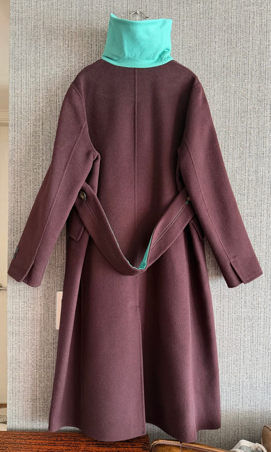 블루페페 핸드메이드 울 캐시미어 롱코트 버건디 민트 클래식 카라 A라인 상품이미지6