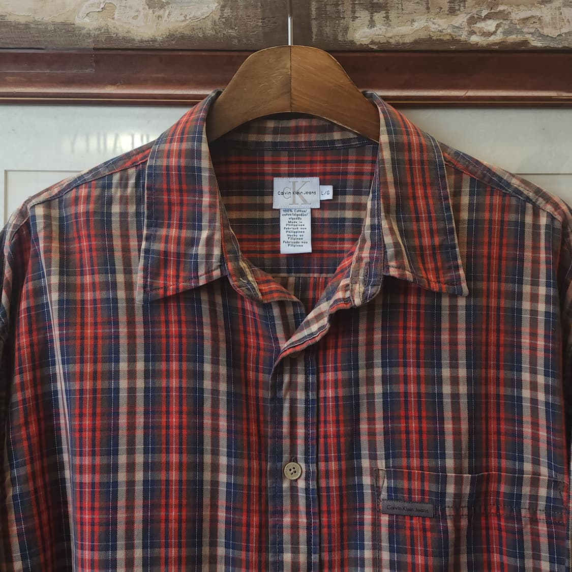 90s 켈빈클라인 플란넬 체크셔츠 체스트 포켓 워크셔츠 L 상품이미지4
