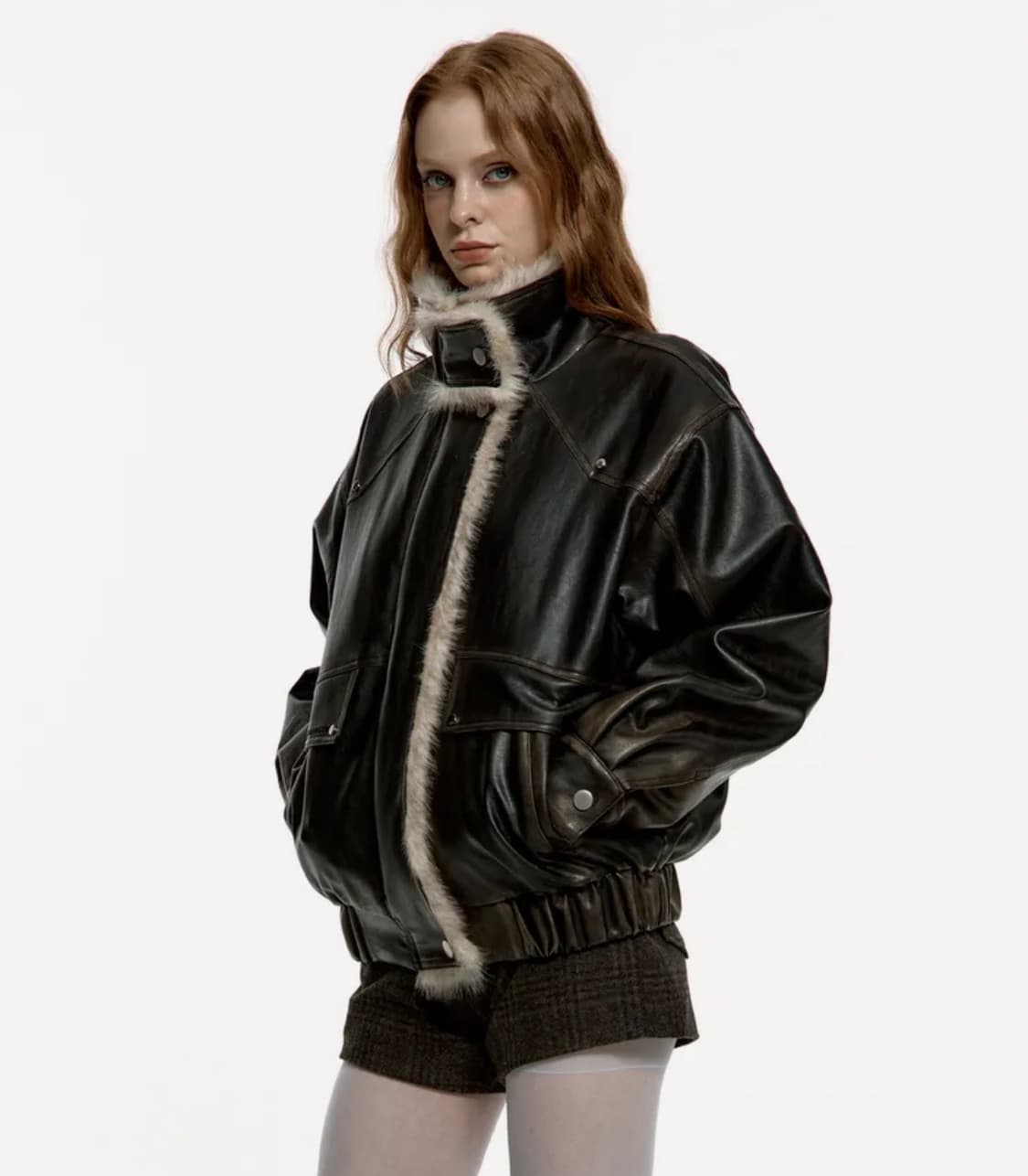 러프넥 워싱 레더 무스탕 자켓 상품이미지1