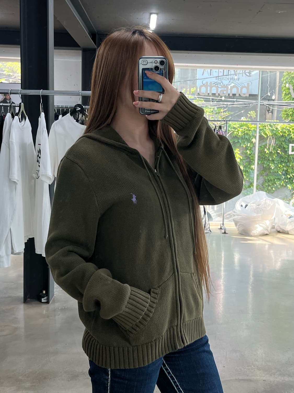 폴로 포니 코튼 루즈 후드니트집업 카키 상품이미지1