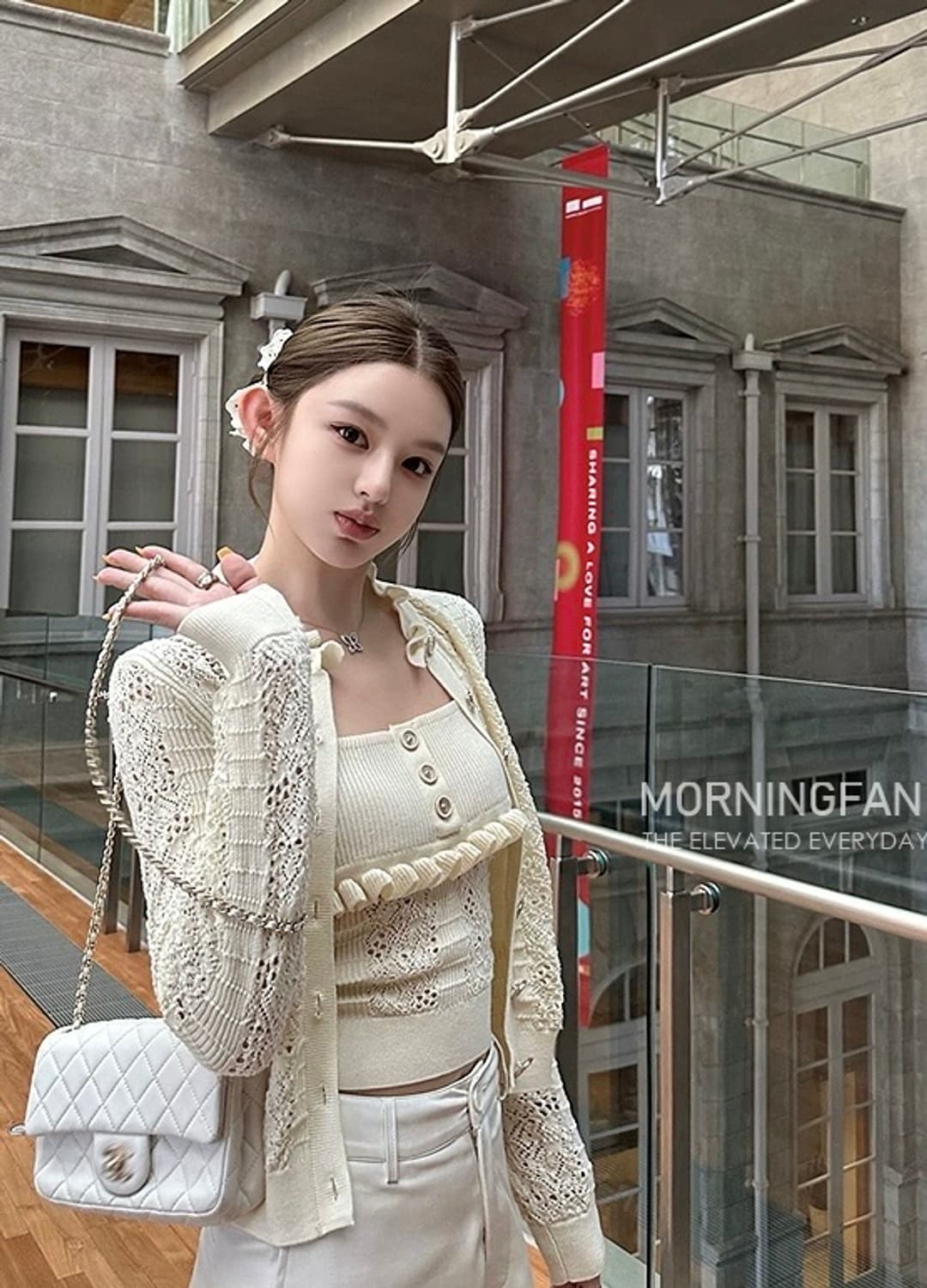 MORNINGFAN 플리터 커스텀 레이스 니트 슬리브리스 탑 가디건 투피 상품이미지1