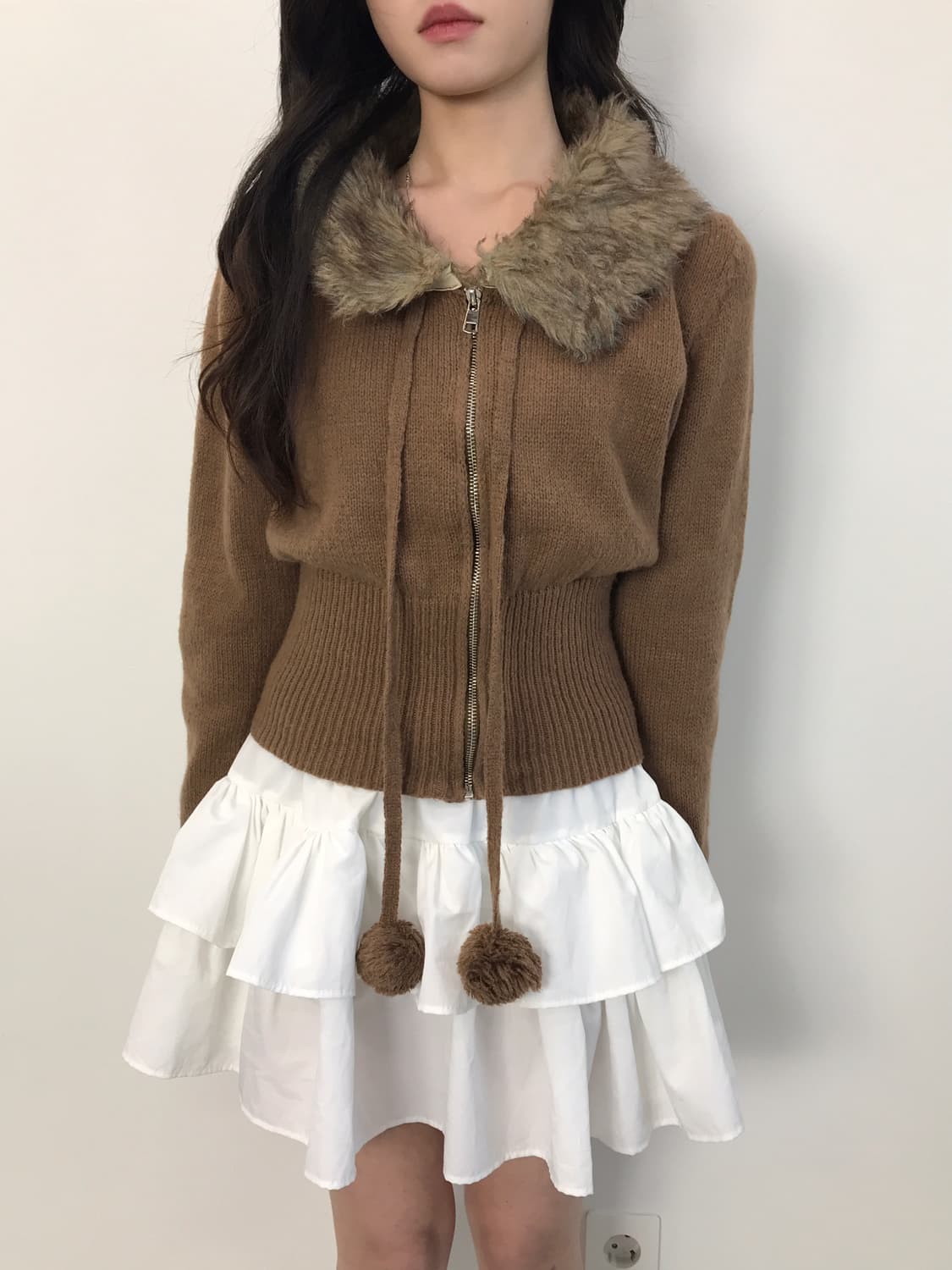 Vintage Fur Collar pom Zip up Cardigan 상품이미지2