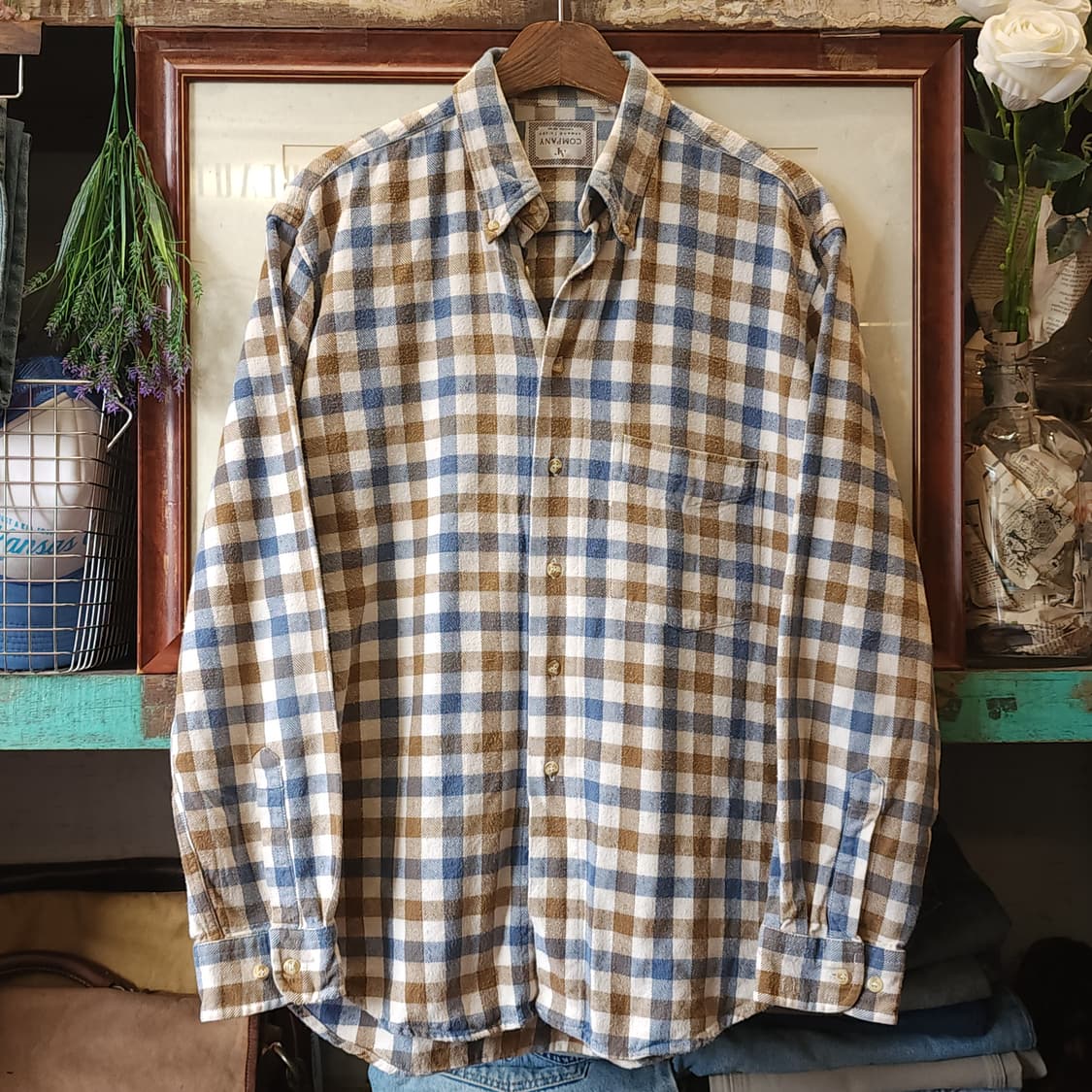 90s 아메리칸 빈티지 체크셔츠 헤비 플란넬 워크셔츠 블루 브라운 L 상품이미지1