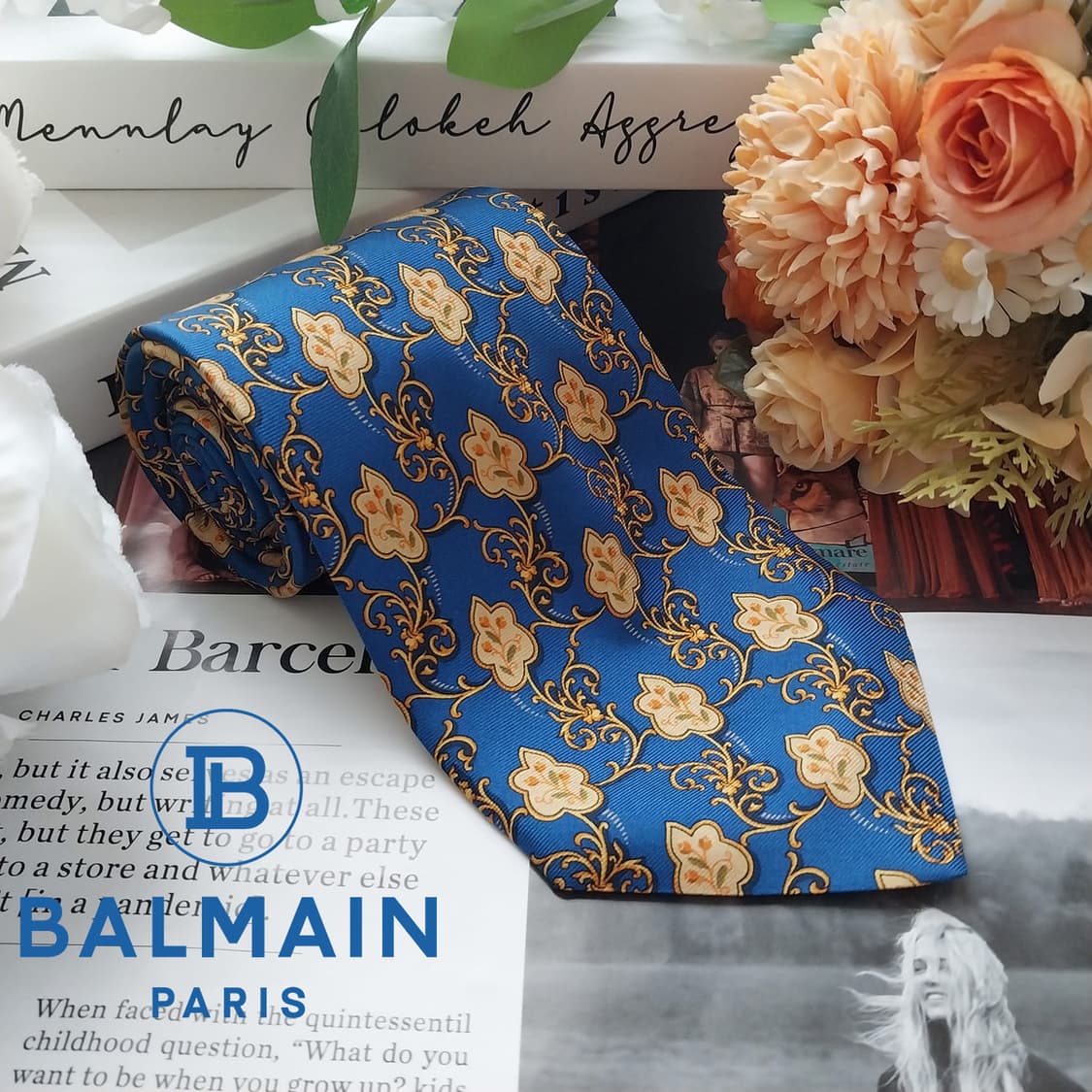 발망 실크 블루 바로크 패턴 넥타이 9.4cm S~A+등급 K1783
 상품이미지2