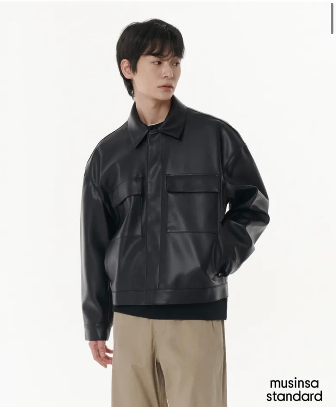 신세틱 레더 오버사이즈 미니멀 트러커 재킷 [블랙] 상품이미지2