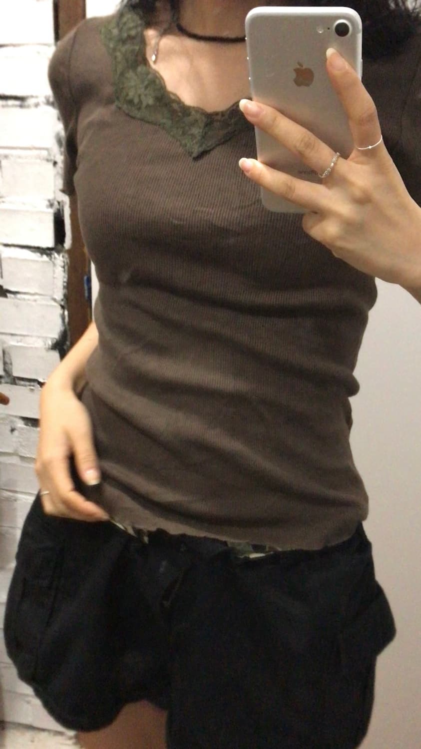 카키브라운 레이스 티 상품이미지3