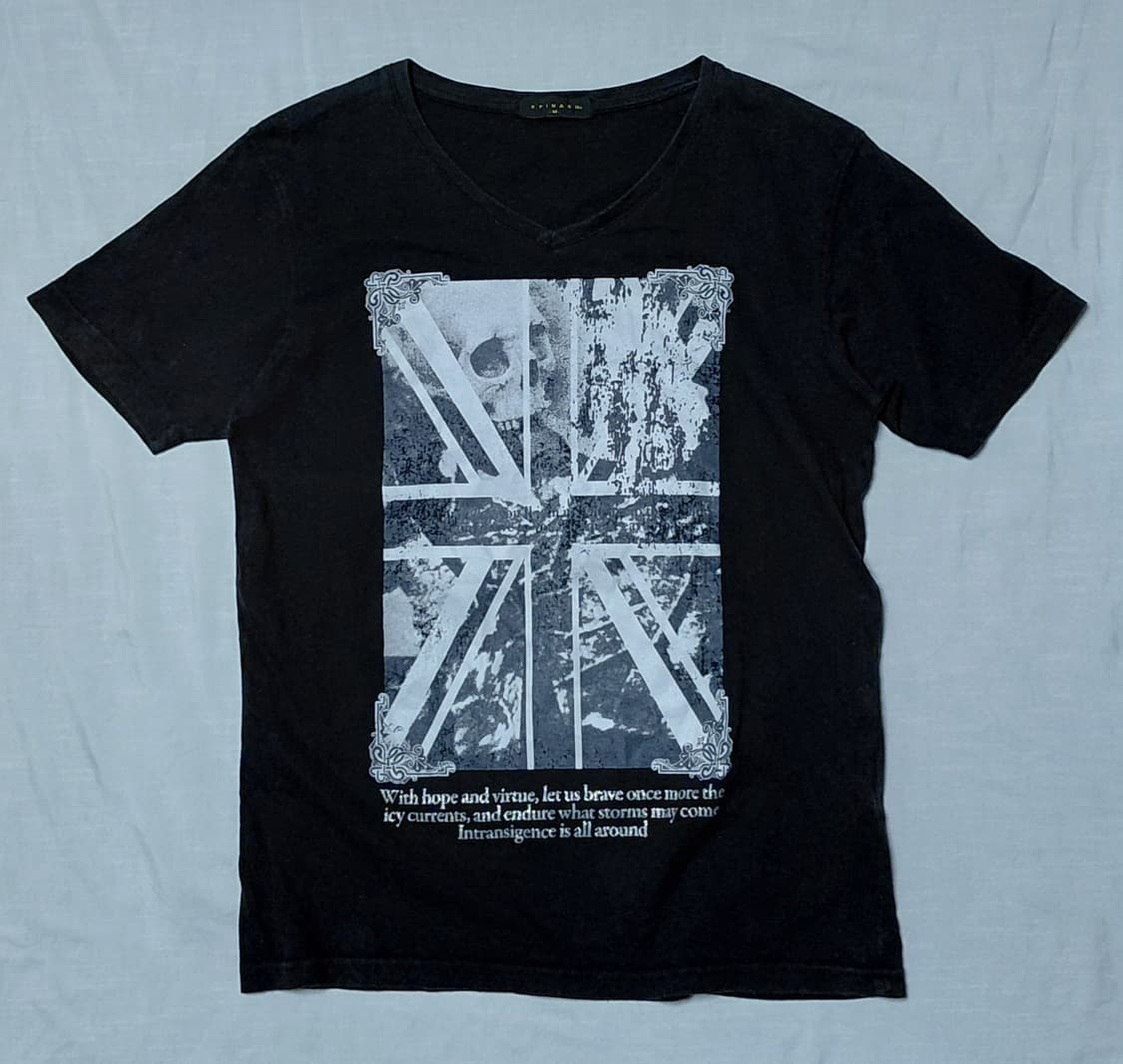 [M] SPINASH 유니언 잭 스컬 그래픽 빈티지 브이넥 티셔츠 상품이미지1