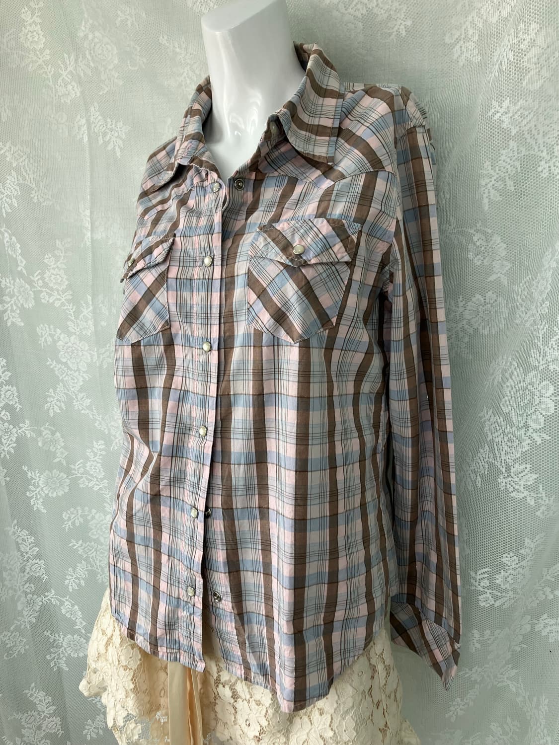 빈티지 핑크 체크 셔츠 1123 모리걸 y2k 스트릿 갸루 펑키 일본빈티 상품이미지5