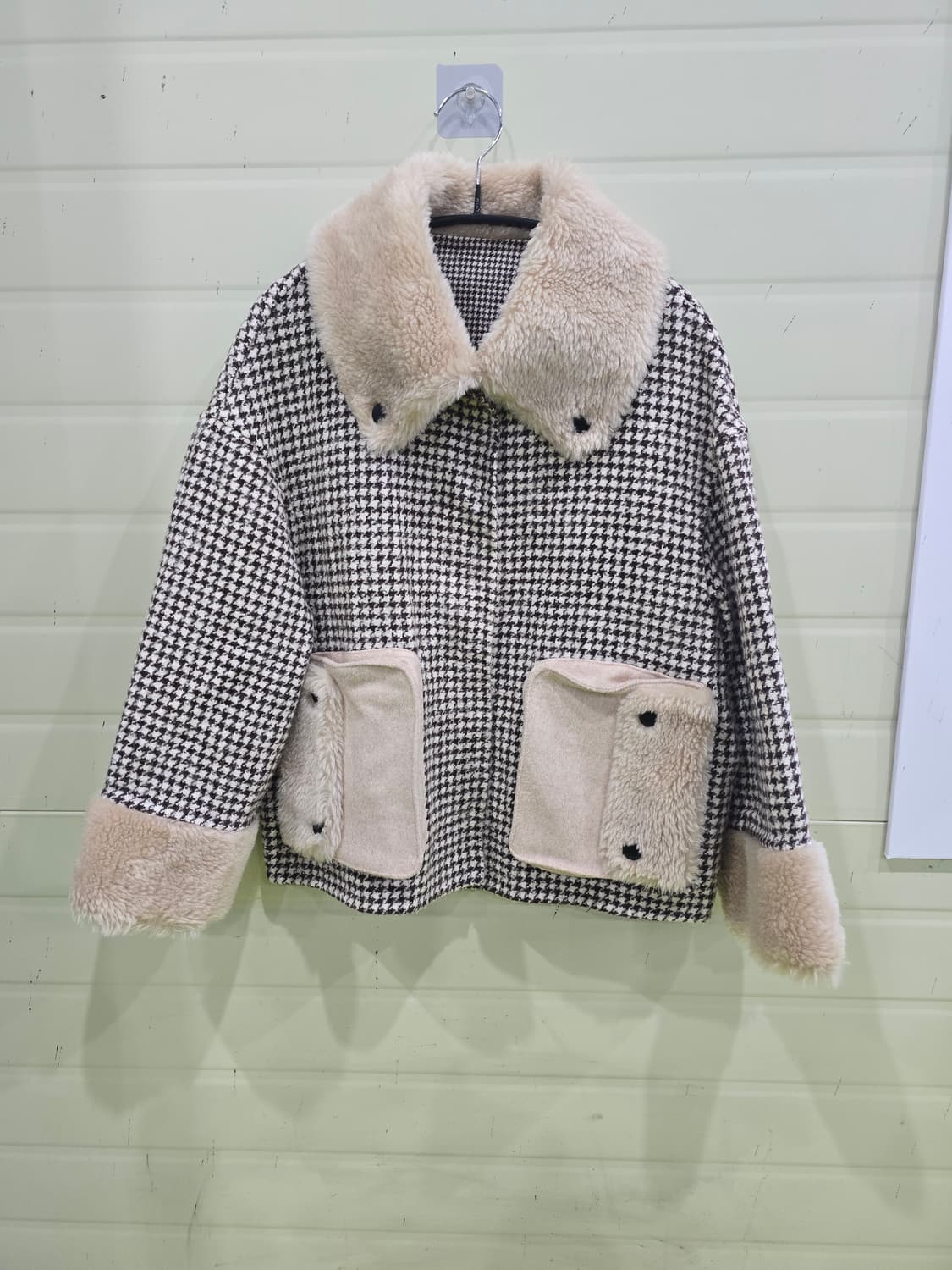 체크 퍼 배색 양모 자켓 S 상품이미지1