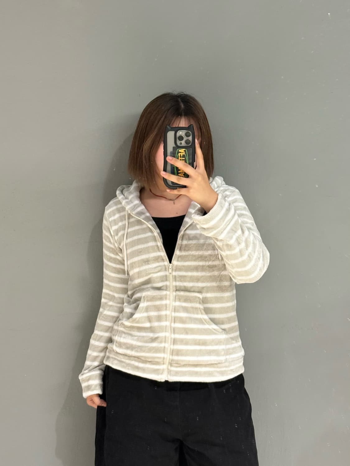 stripe pattern fleece hood zip-up 상품이미지1