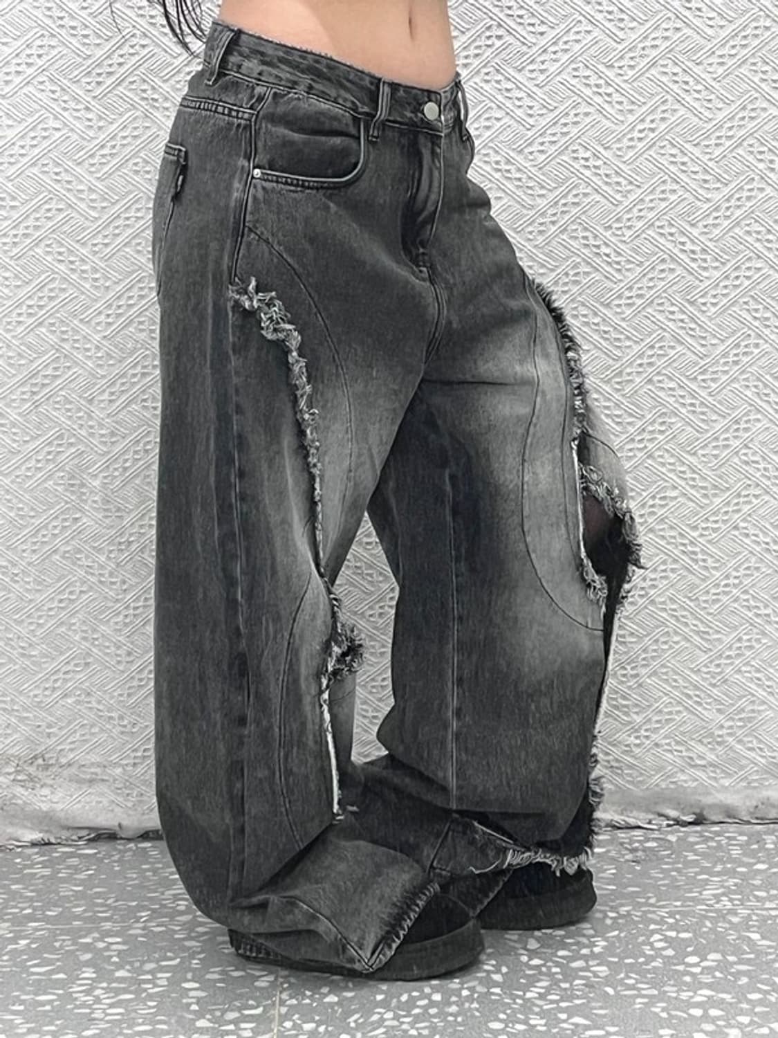 켄 스튜디오 그런지 아메카지 절개라인 흑청 데님 팬츠 XL C07076 상품이미지1