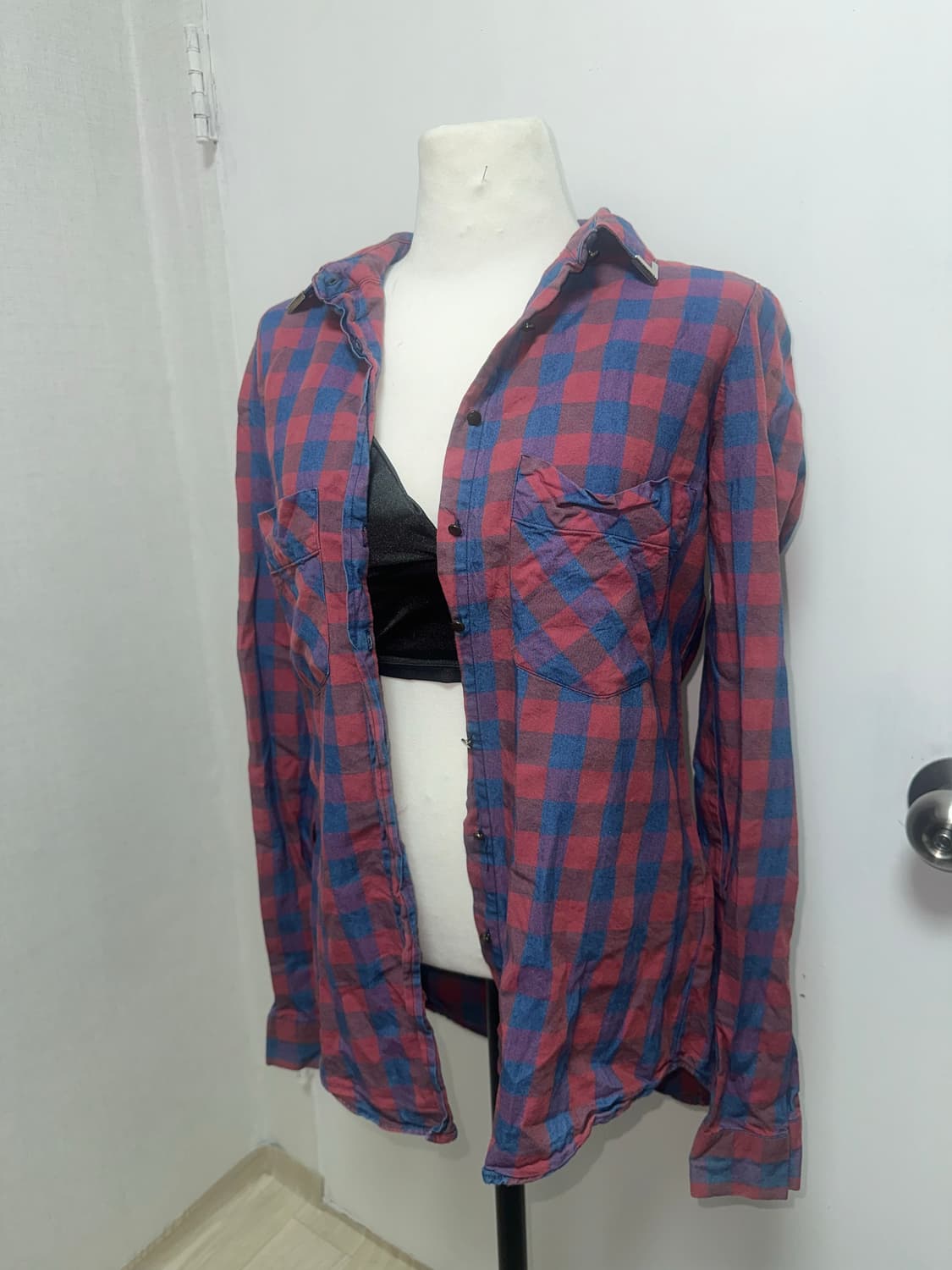 빈티지 핑크와인 해골 체크셔츠 상품이미지1