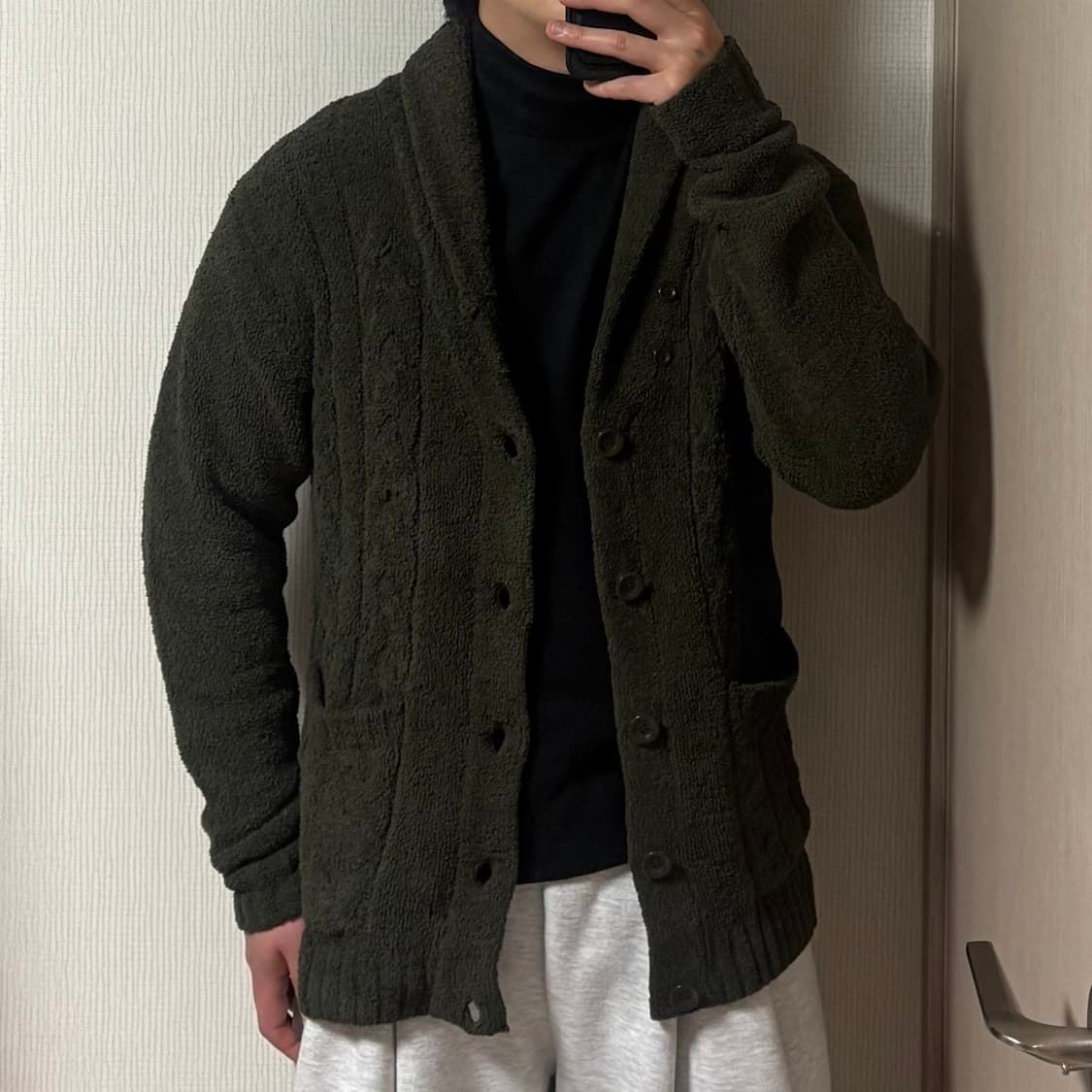 정품 제이프레스 쉐기독 플리스 니트 숄카라 가디건 카키 상품이미지2