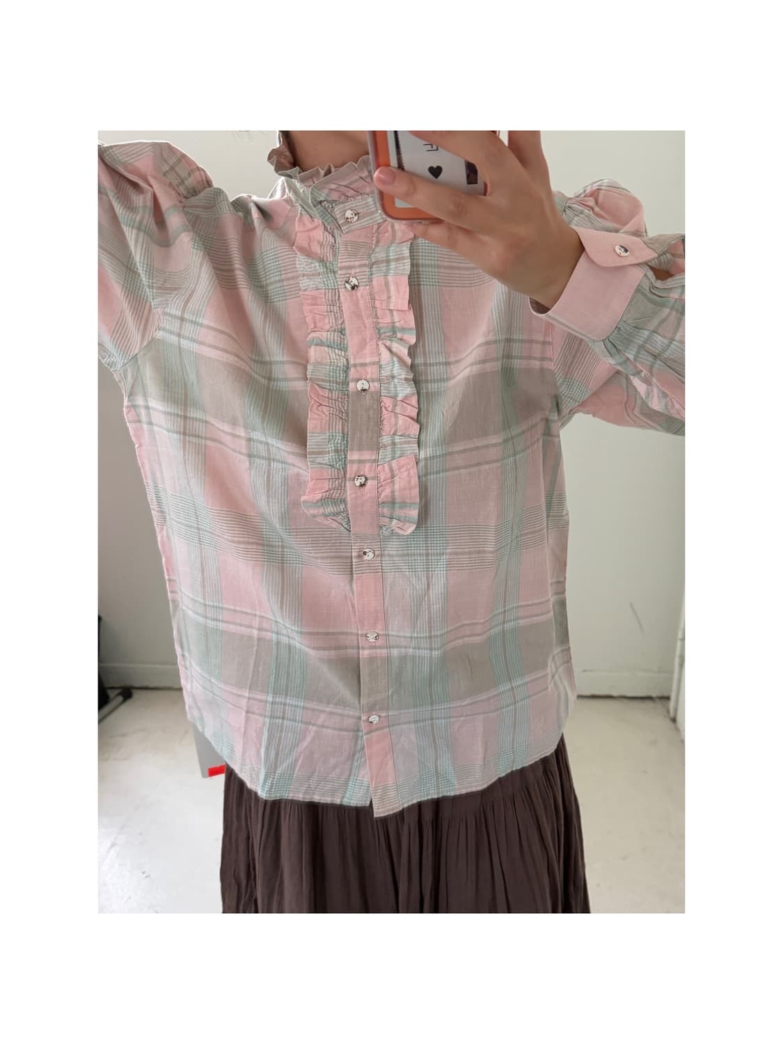 일본빈티지 민트핑크 프릴 블라우스 상품이미지1