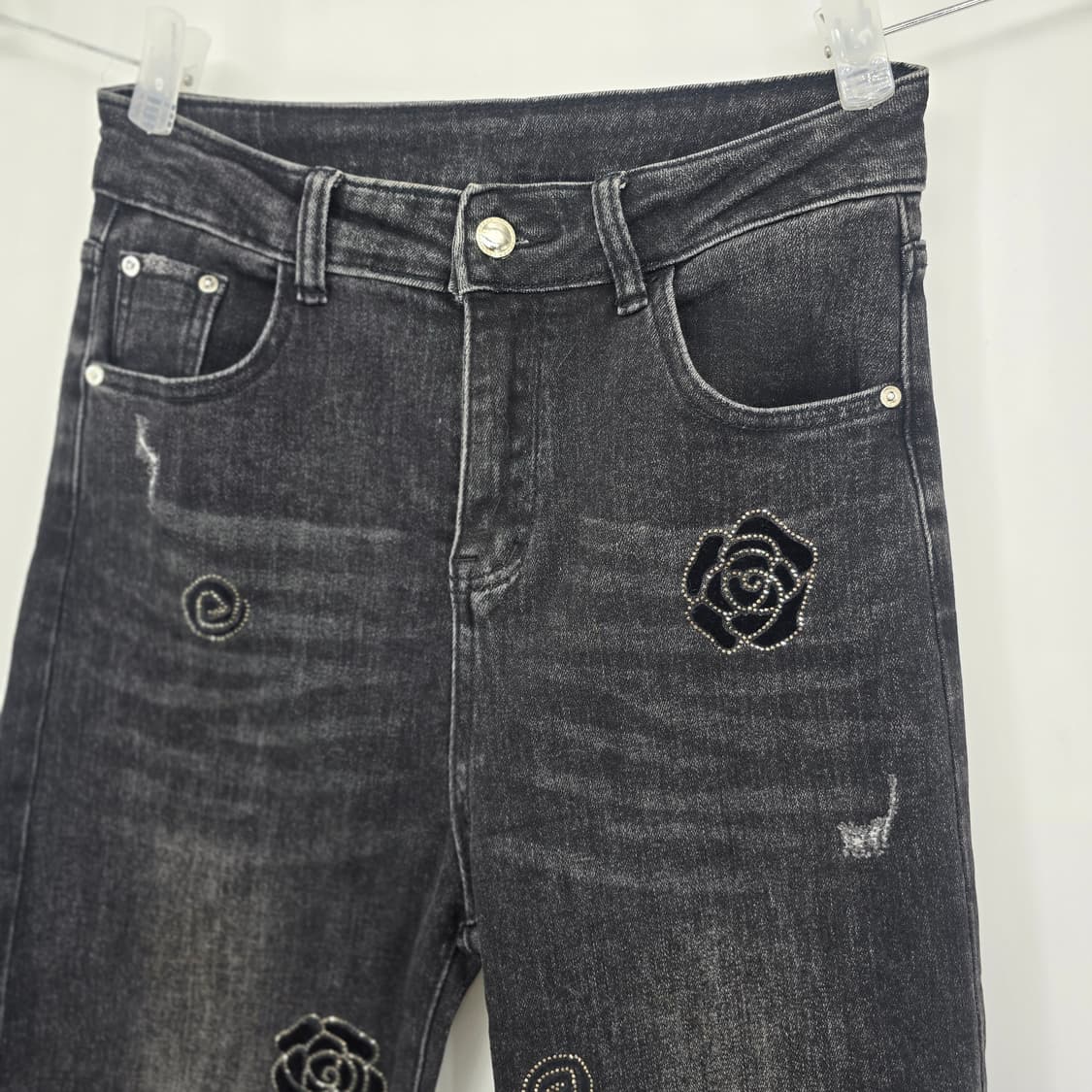 빈티지 블랙 데님 플라워 유니크 와이드진 여성 청바지 [E50632] 상품이미지3