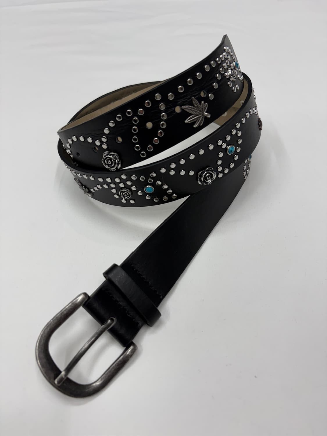 빈티지 비즈 스터드 웨스턴 블랙 레더 벨트 상품이미지1