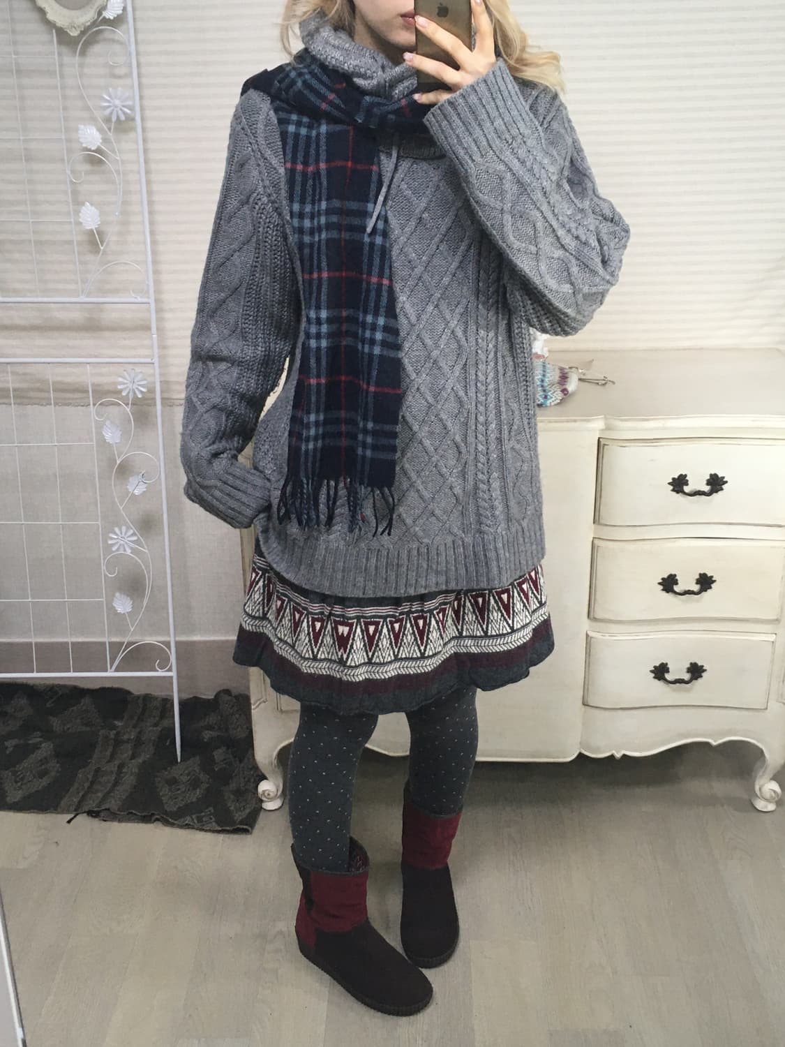 일본빈티지 챠콜 노르딕 버건디 니트 스커트 상품이미지5