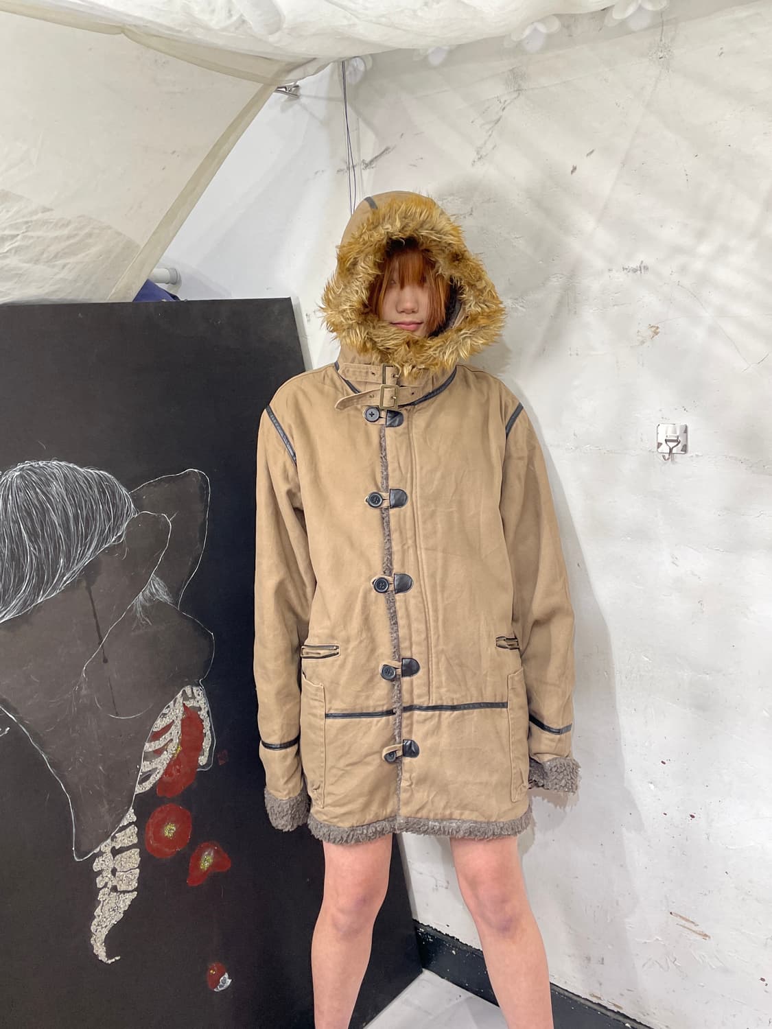 일본빈티지 밀리터리 울프죠 모카 베이지 퍼 후드 자켓 개파카 야상 L 상품이미지1