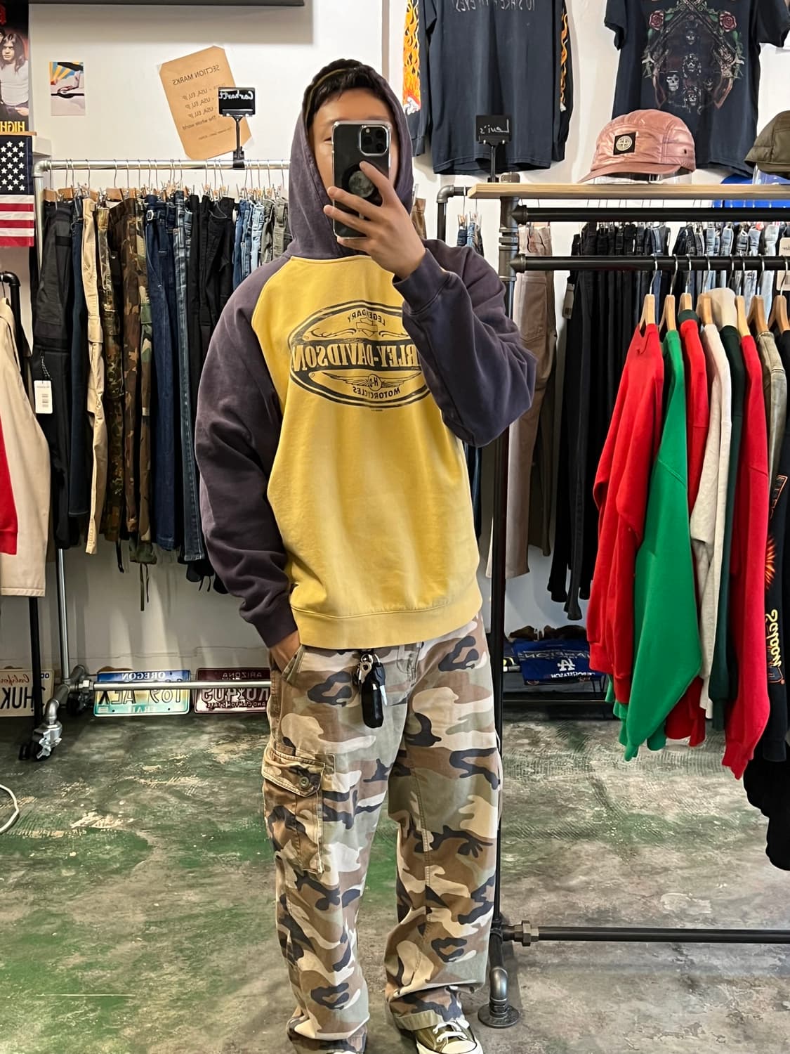 00s [L] 할리데이비슨 레전더리 래글런 배색 후드티셔츠 상품이미지2