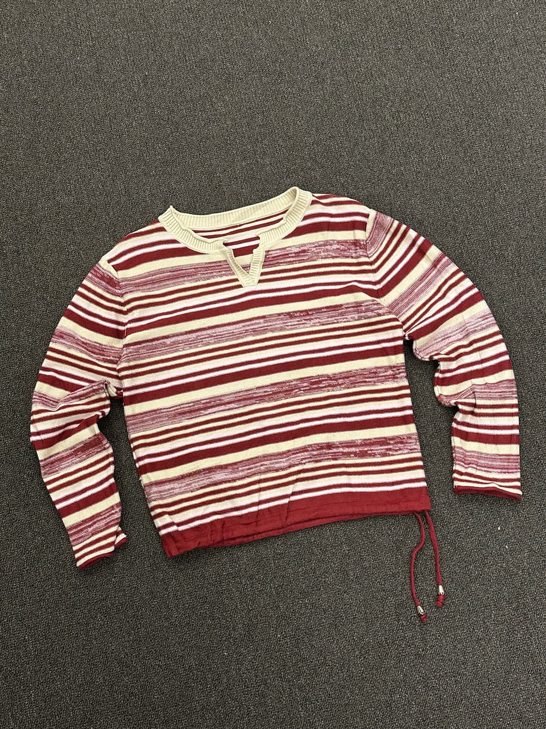 OS)빈티지 여성 스트라이프 스트링 카라 니트 스웨터 상품이미지1