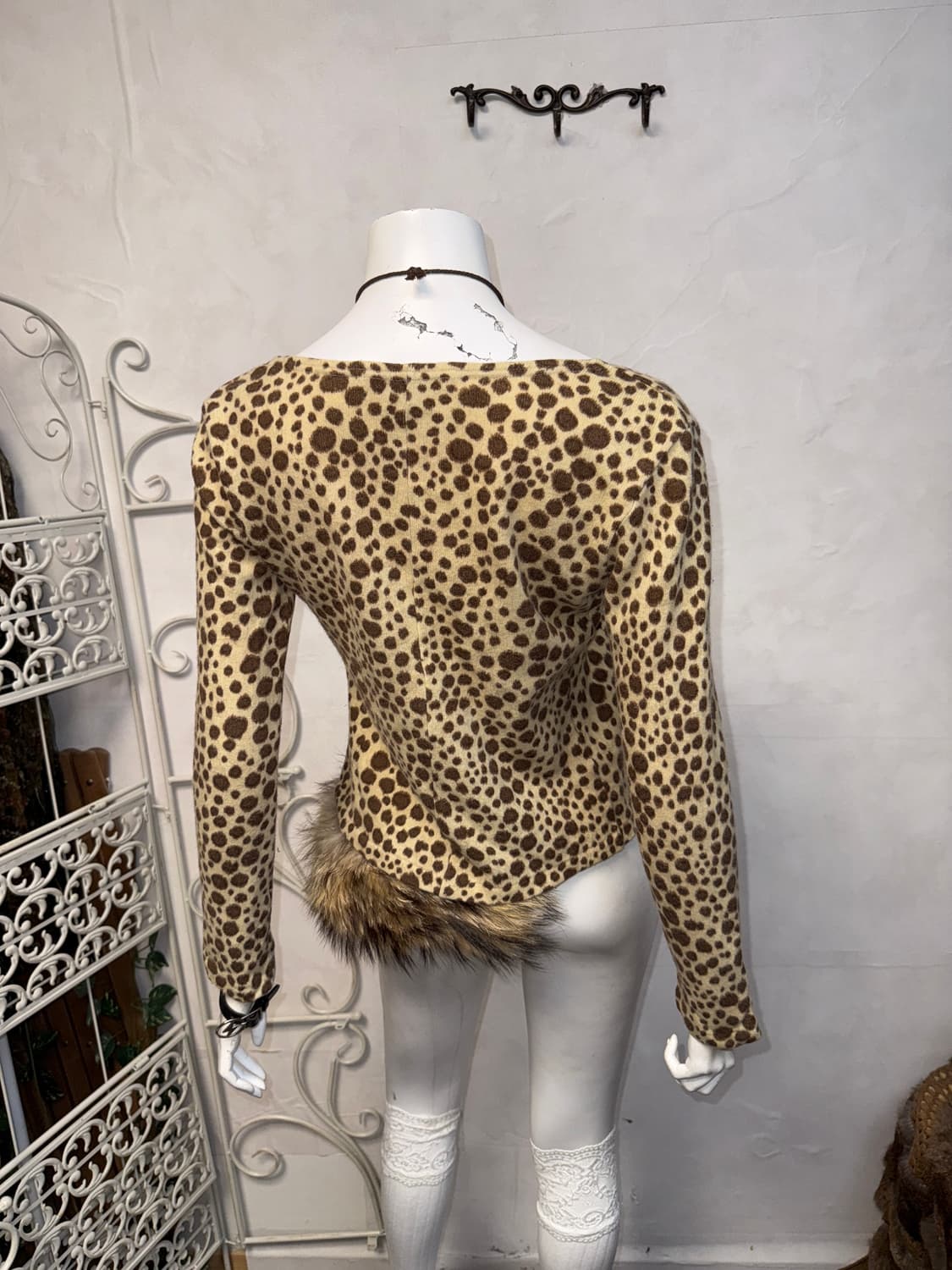 Beige brown leopard angora open cardigan 상품이미지3