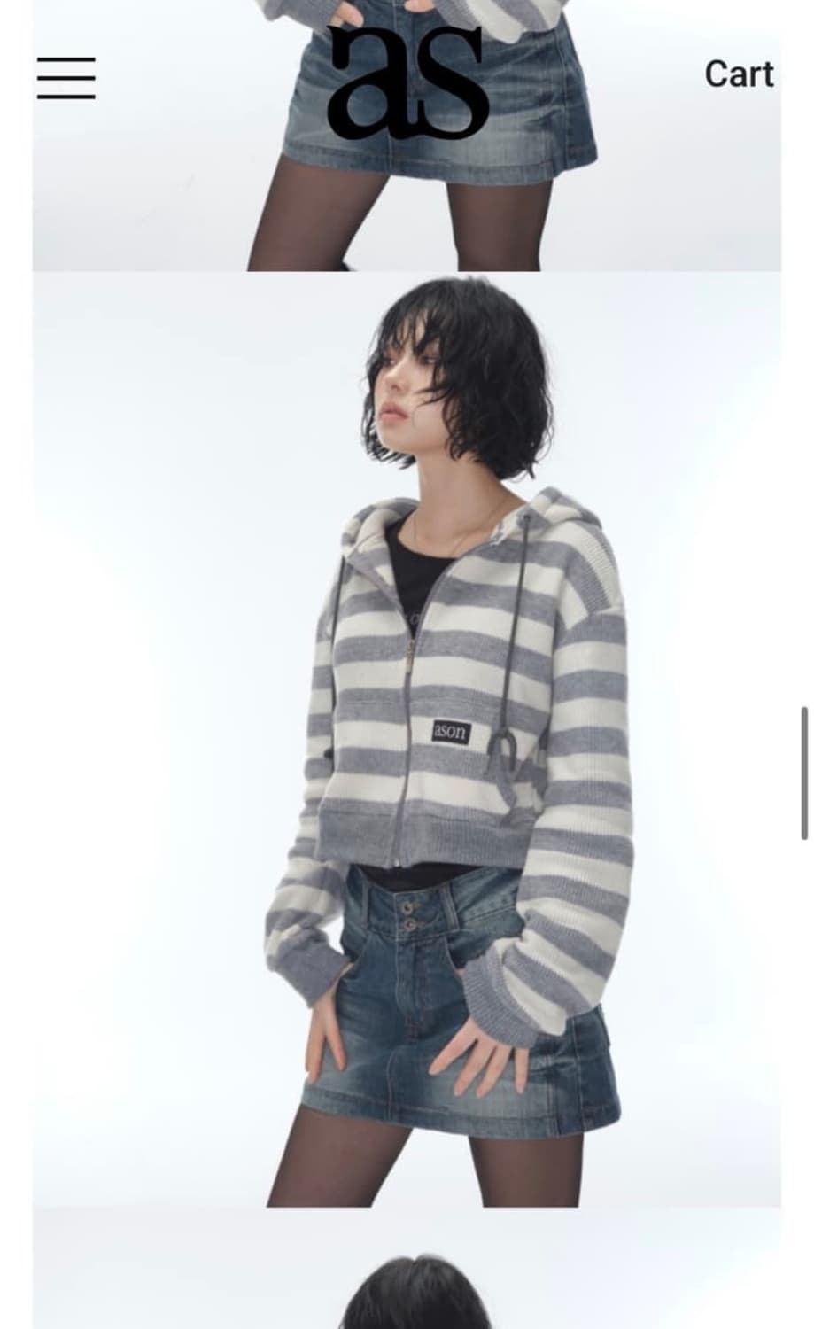 애즈온 코지 스트라이프 후드집업 그레이 상품이미지1