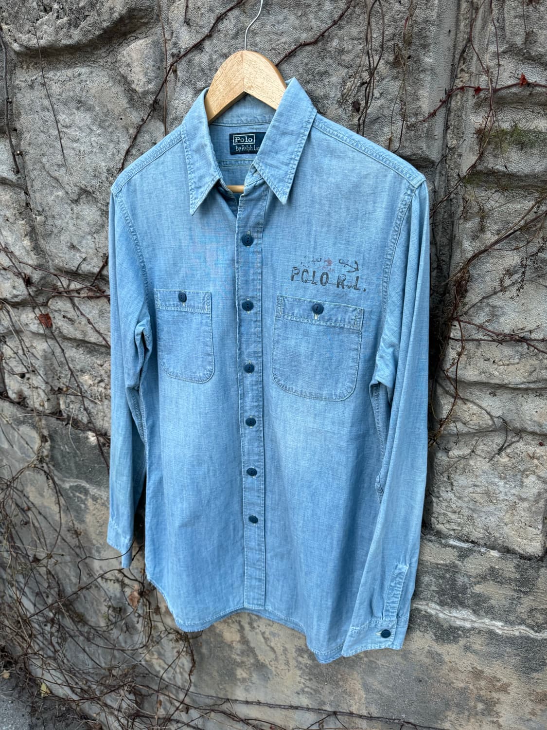 폴로 랄프로렌 빈티지 미해군 스탠실 샴브레이 셔츠 s  상품이미지3