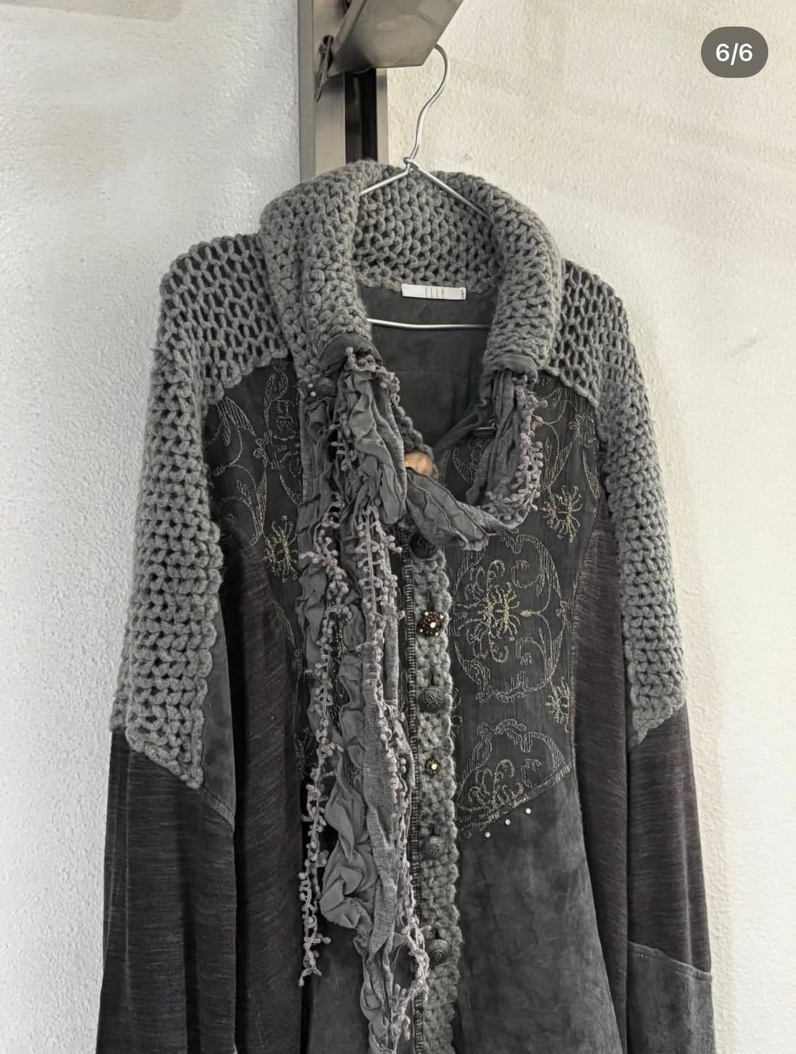 Grey Drop-Neck Mesh Detail Knit Cardigan 상품이미지6