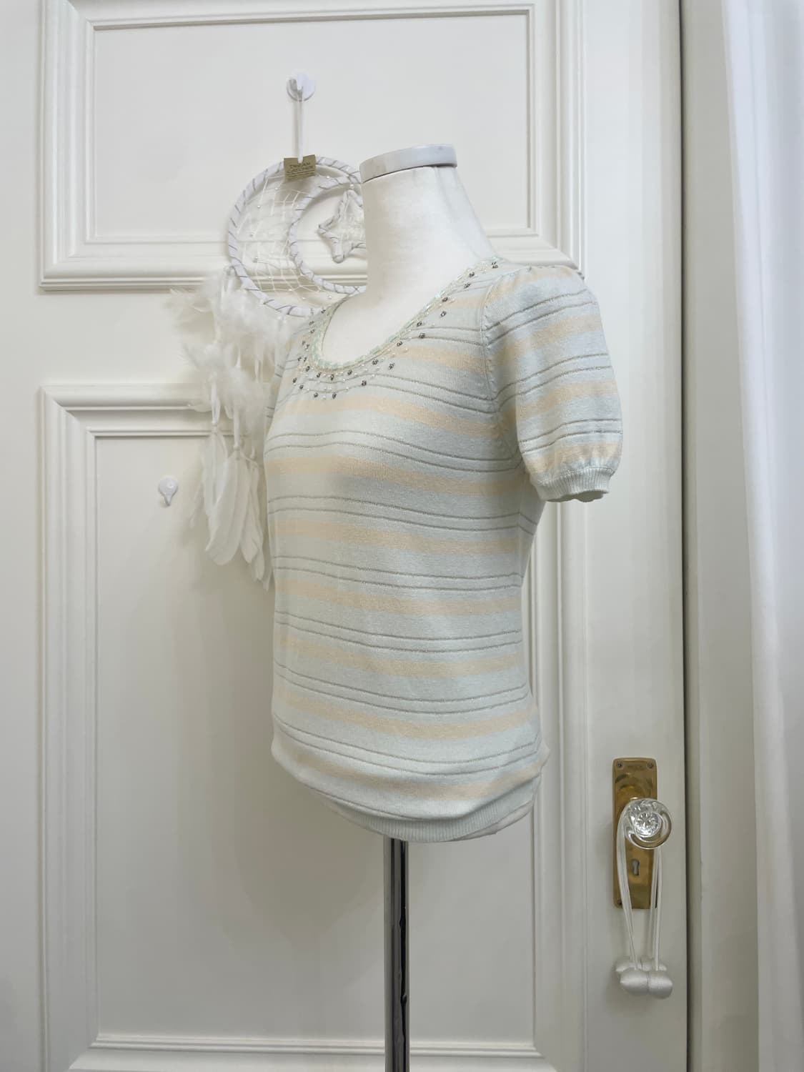 mint beige silver line puff lovely top 상품이미지2