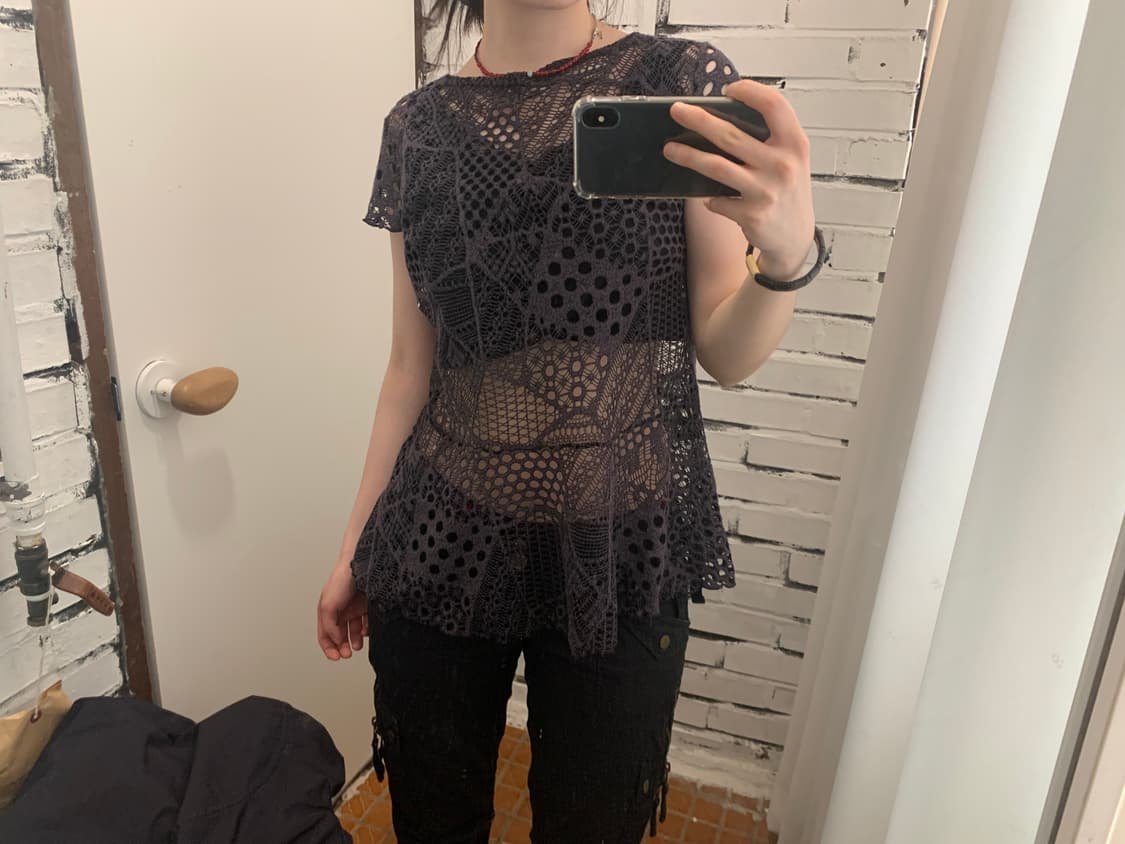 Charcoal Lattice Cap Sleeve Top 상품이미지6