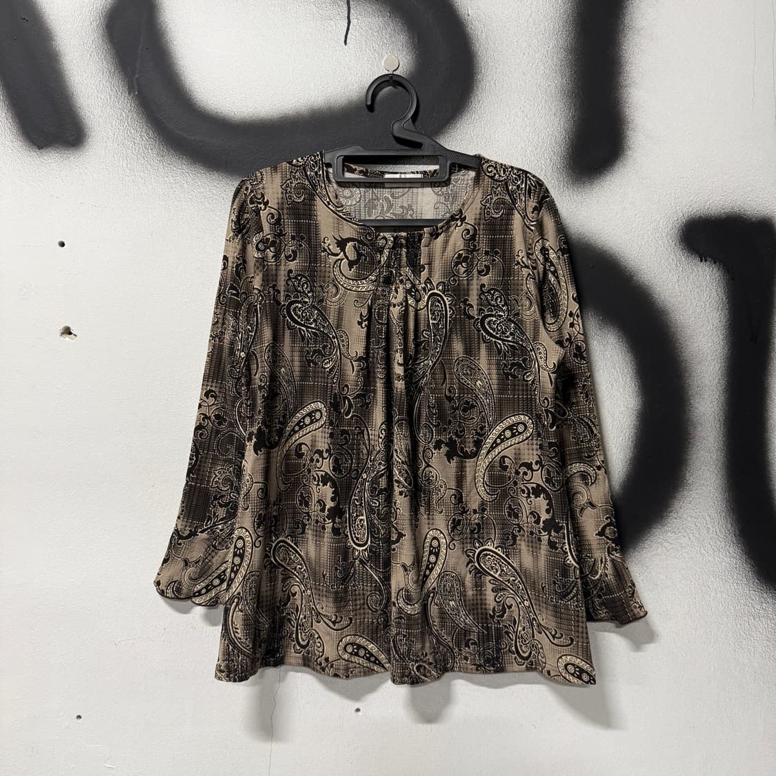 VTG 빈티지 오리엔탈 페이즐리 풀 패턴 퍼프 슬리브 롱슬리브 블라우스 상품이미지1