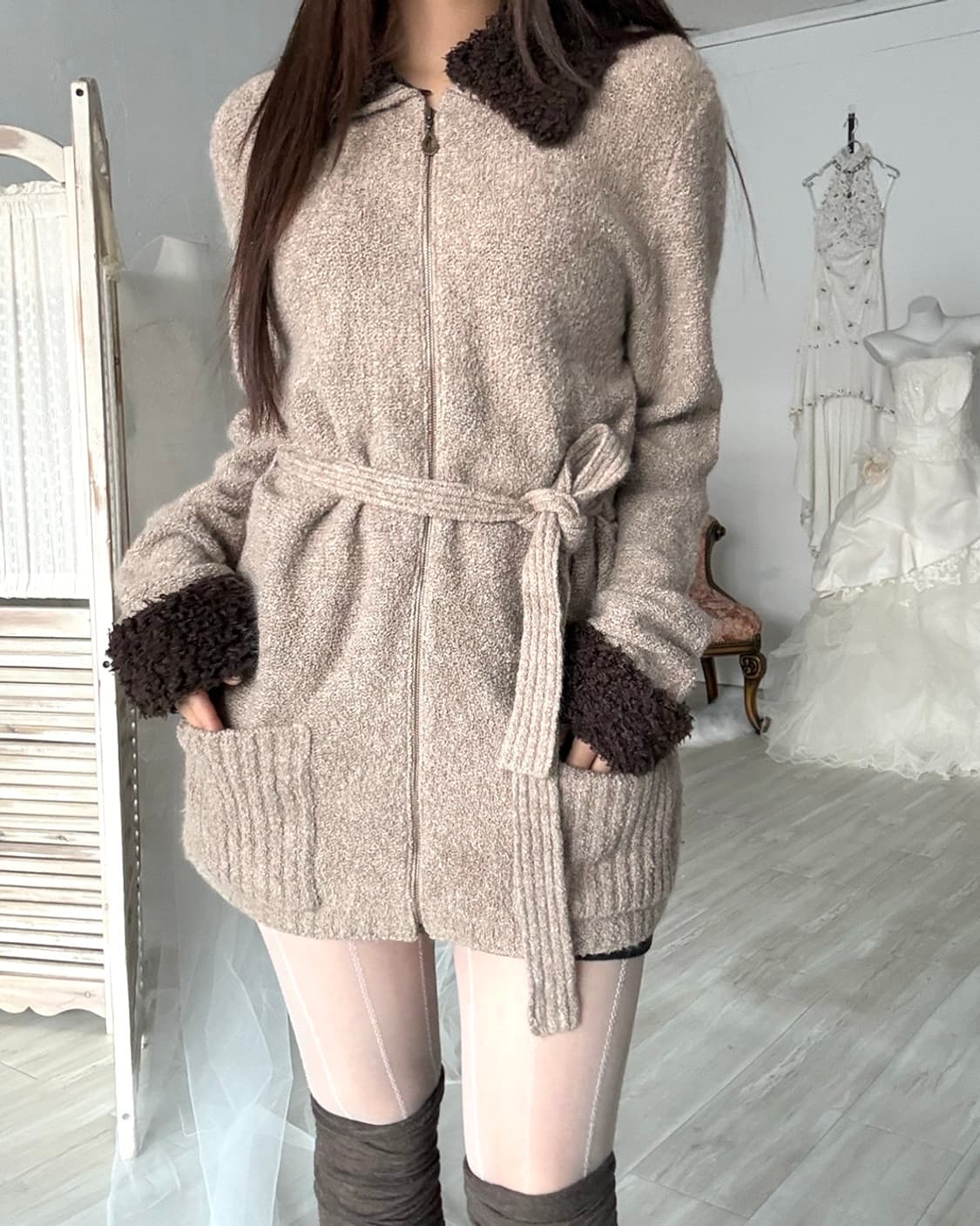 Mute beige wool knit zip-up 상품이미지4