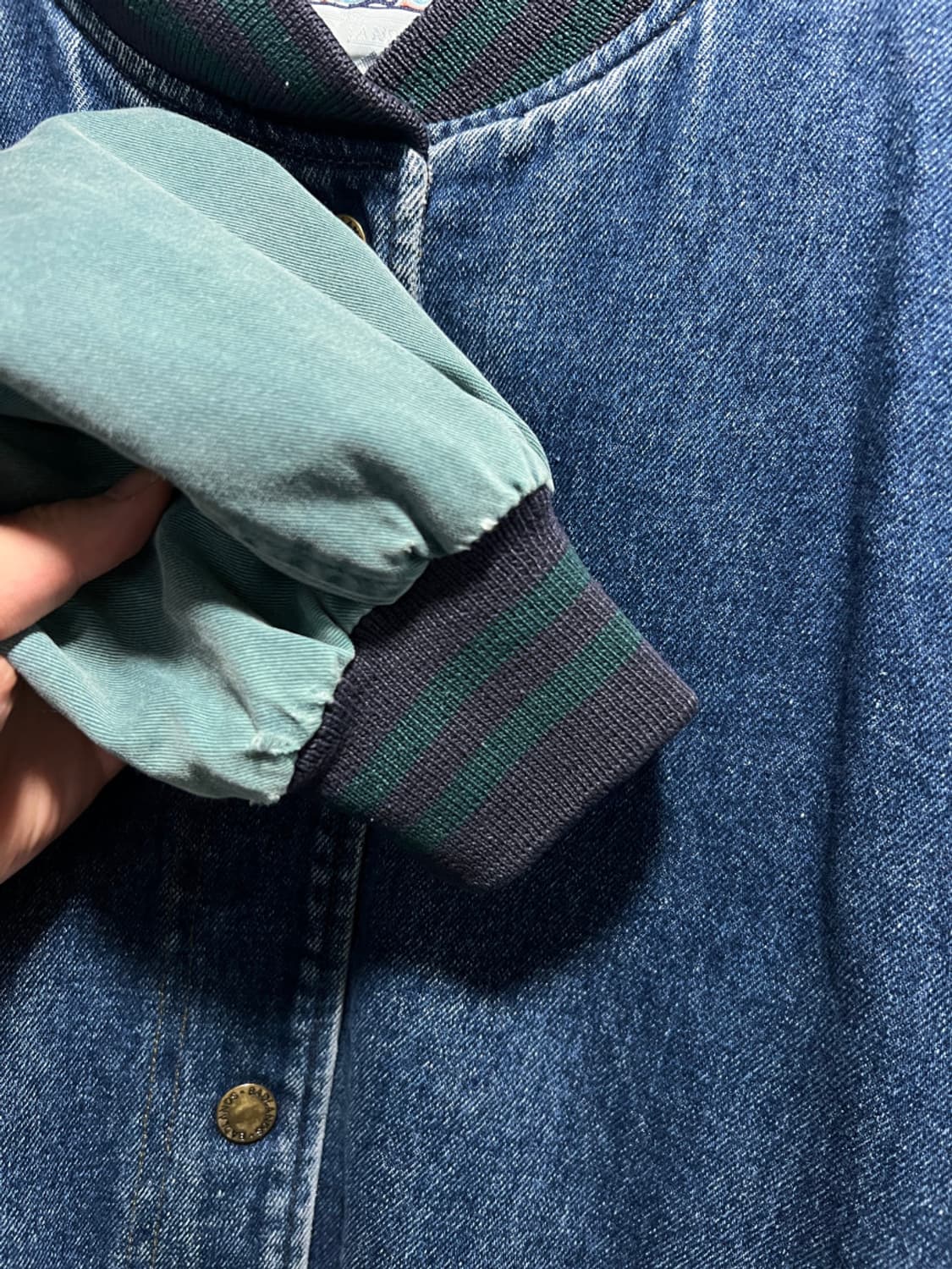 USA 빈티지 워싱 데님 그린 바시티 자켓 L 상품이미지3