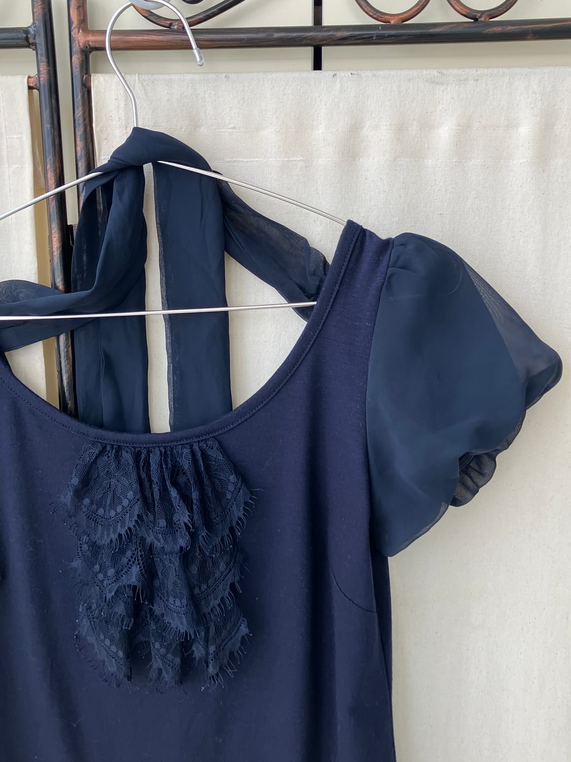 navy lace shirring ribbon half blouse 상품이미지8