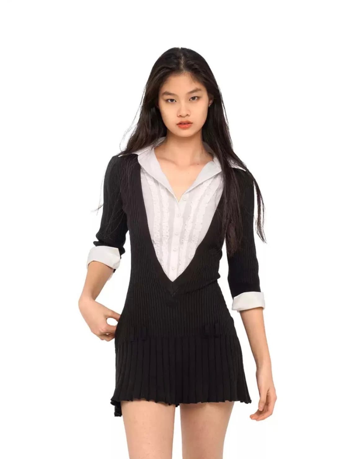 스위트칠링 셔츠 카라넥 7부 소매 플리츠 스커트 니트 원피스 상품이미지2