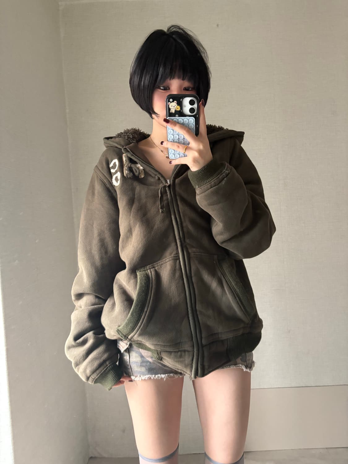 홀리스터 워시드 카키 보아털 후드집업 상품이미지4