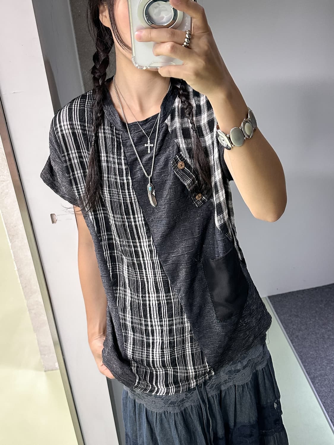 check pannel mix one pocket top 상품이미지5
