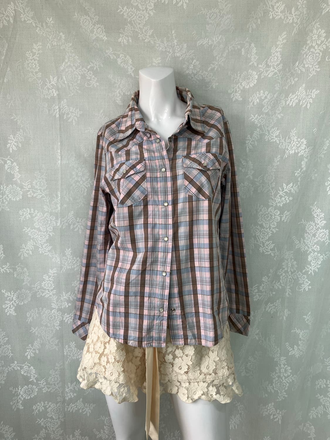 빈티지 핑크 체크 셔츠 1123 모리걸 y2k 스트릿 갸루 펑키 일본빈티 상품이미지2