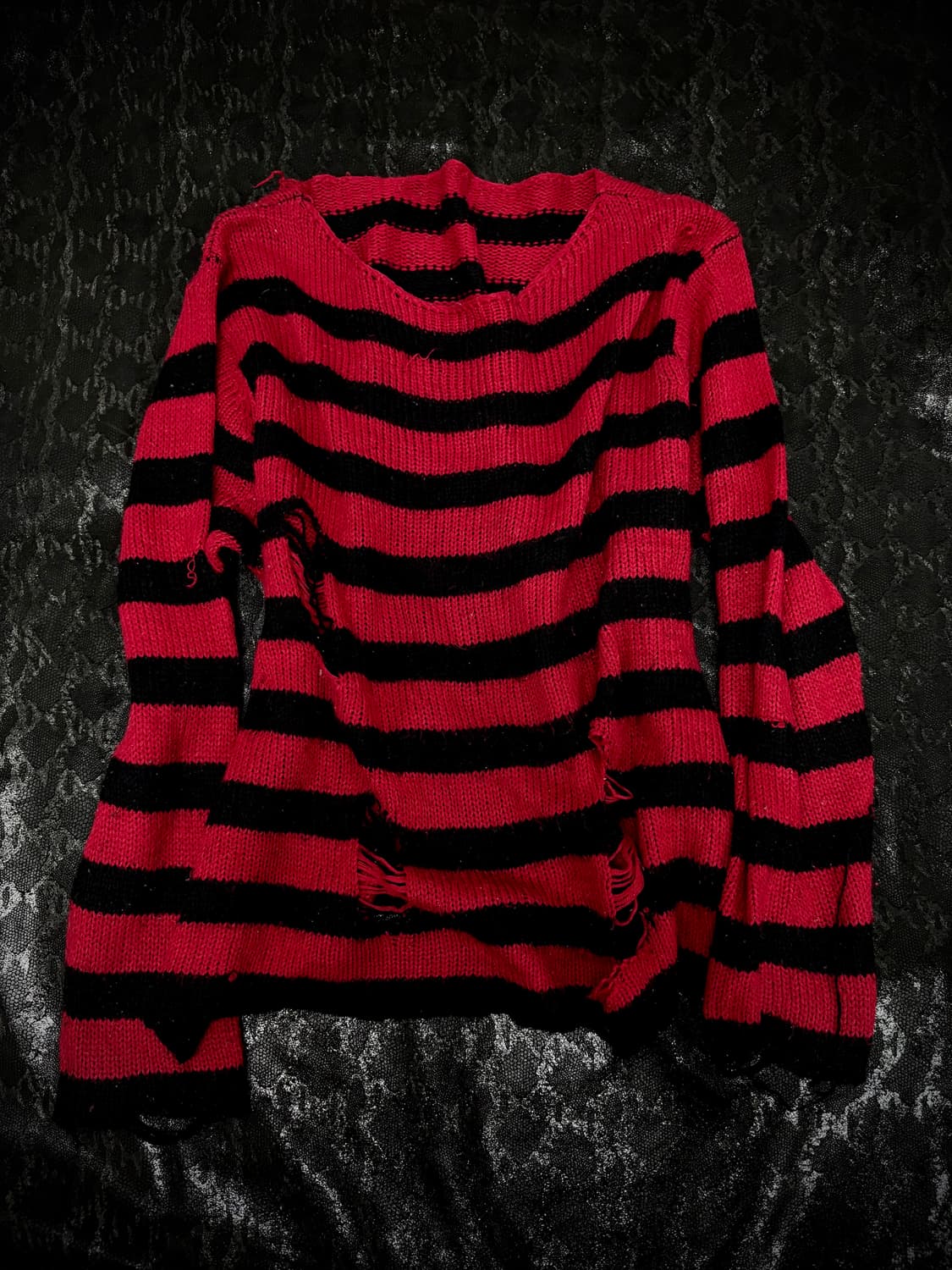 “Vintage” Punk Red Stripe Damaged Knit S 상품이미지1